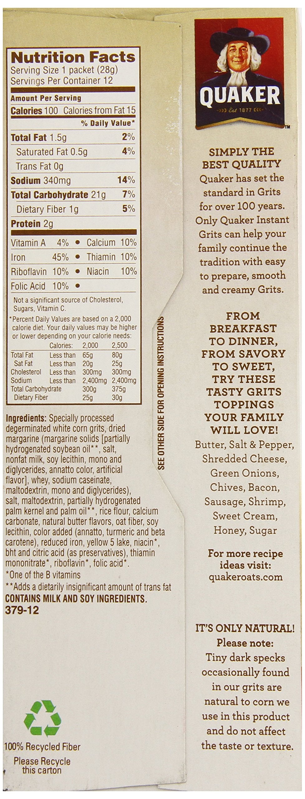 Quaker, Instant Grits, Butter Flavor, 12 Count, 12oz Box (Pack of 3)