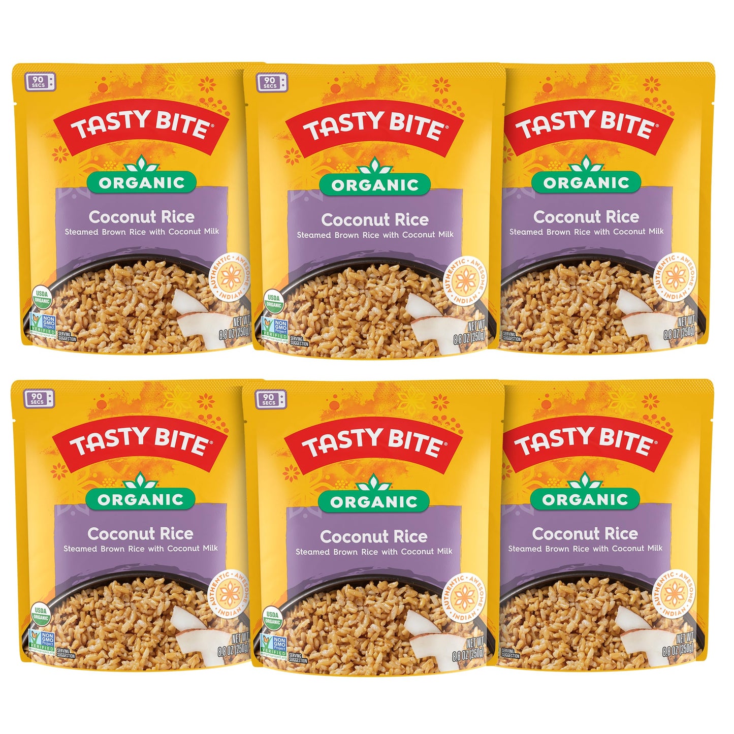 Tasty Bite Organic Coconut Rice, 8.8 Ounce, Pack Of 6, Ready To Eat, Microwavable, Vegan, Gluten-Free