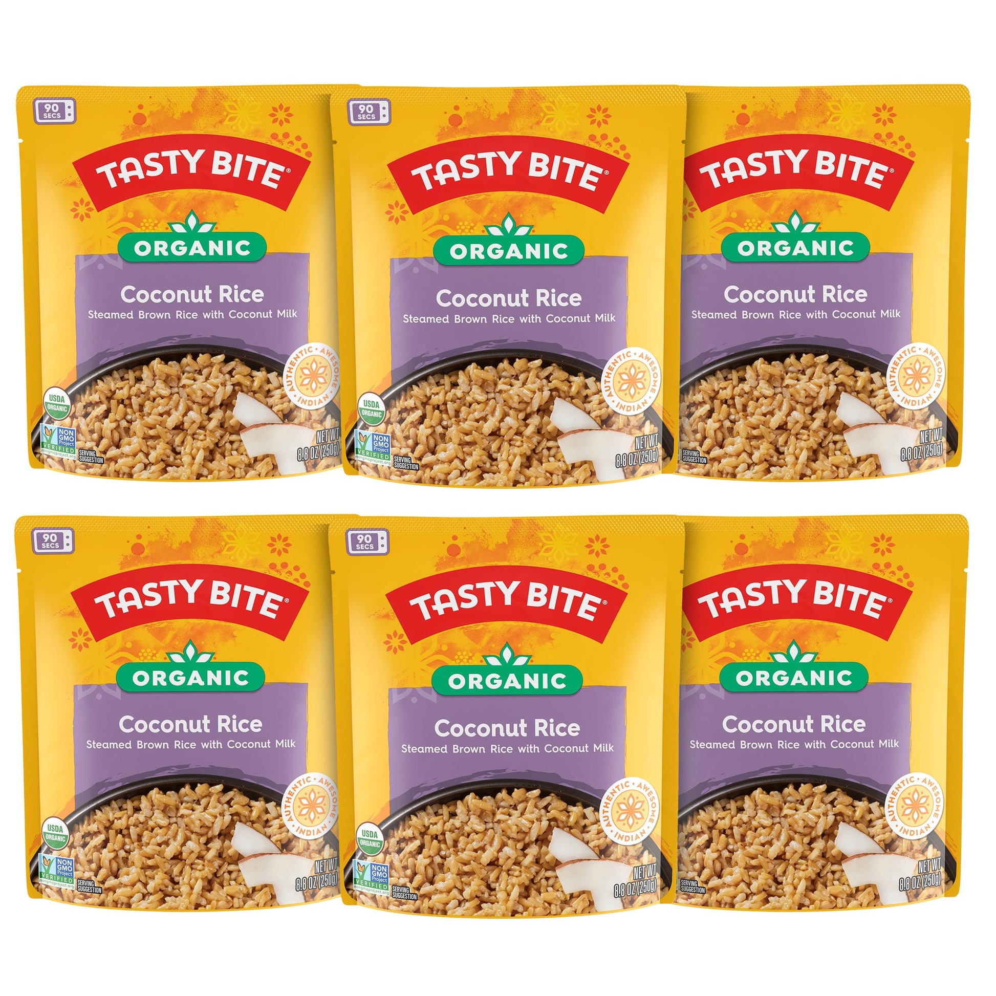 Tasty Bite Organic Coconut Rice, 8.8 Ounce, Pack Of 6, Ready To Eat, Microwavable, Vegan, Gluten-Free