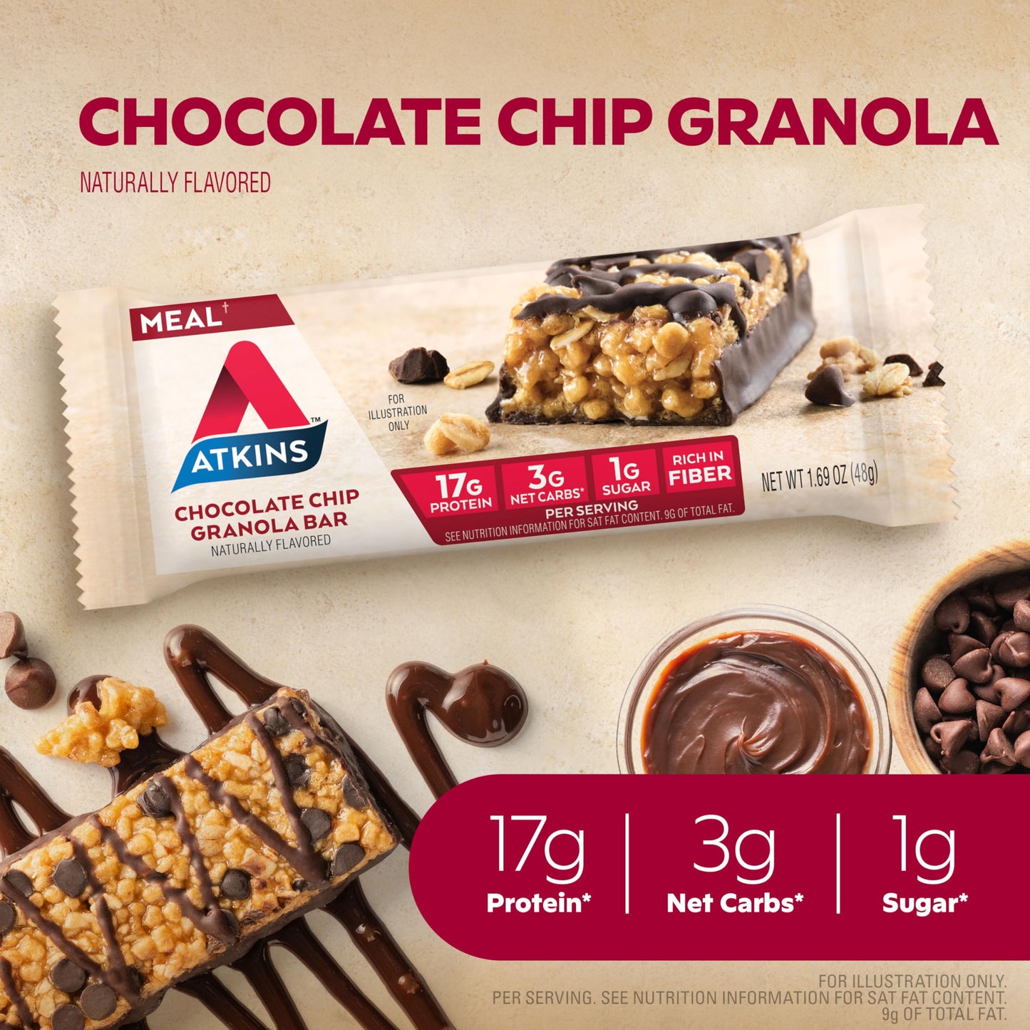 Atkins Chocolate Chip Granola Protein Meal Bar, 17g Protein, 1g Sugar, Keto Friendly, 12 Count