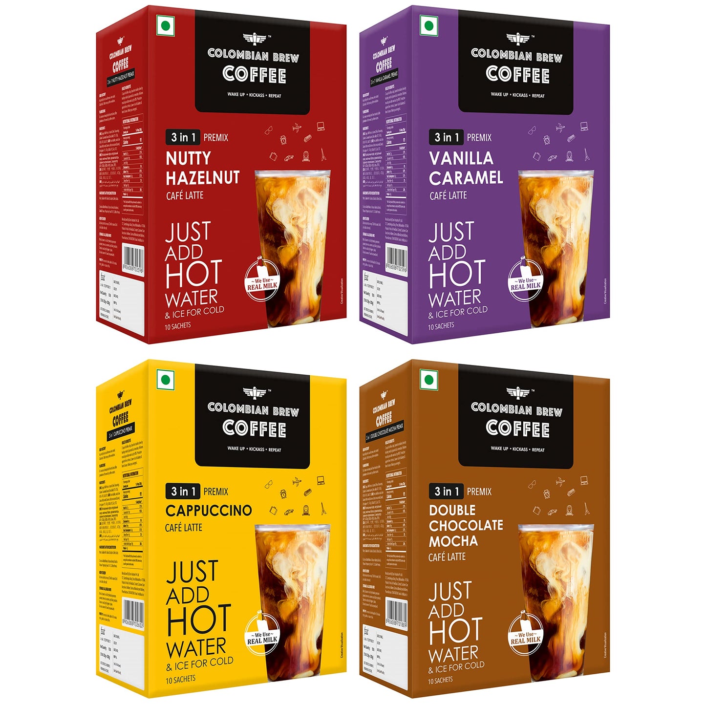 Colombian Brew 3 in 1 Assorted Instant Coffee Premix Caf Latte, Cappuccino, Hazelnut, Vanilla Caramel, Double Choco Mocha, 10 Sa