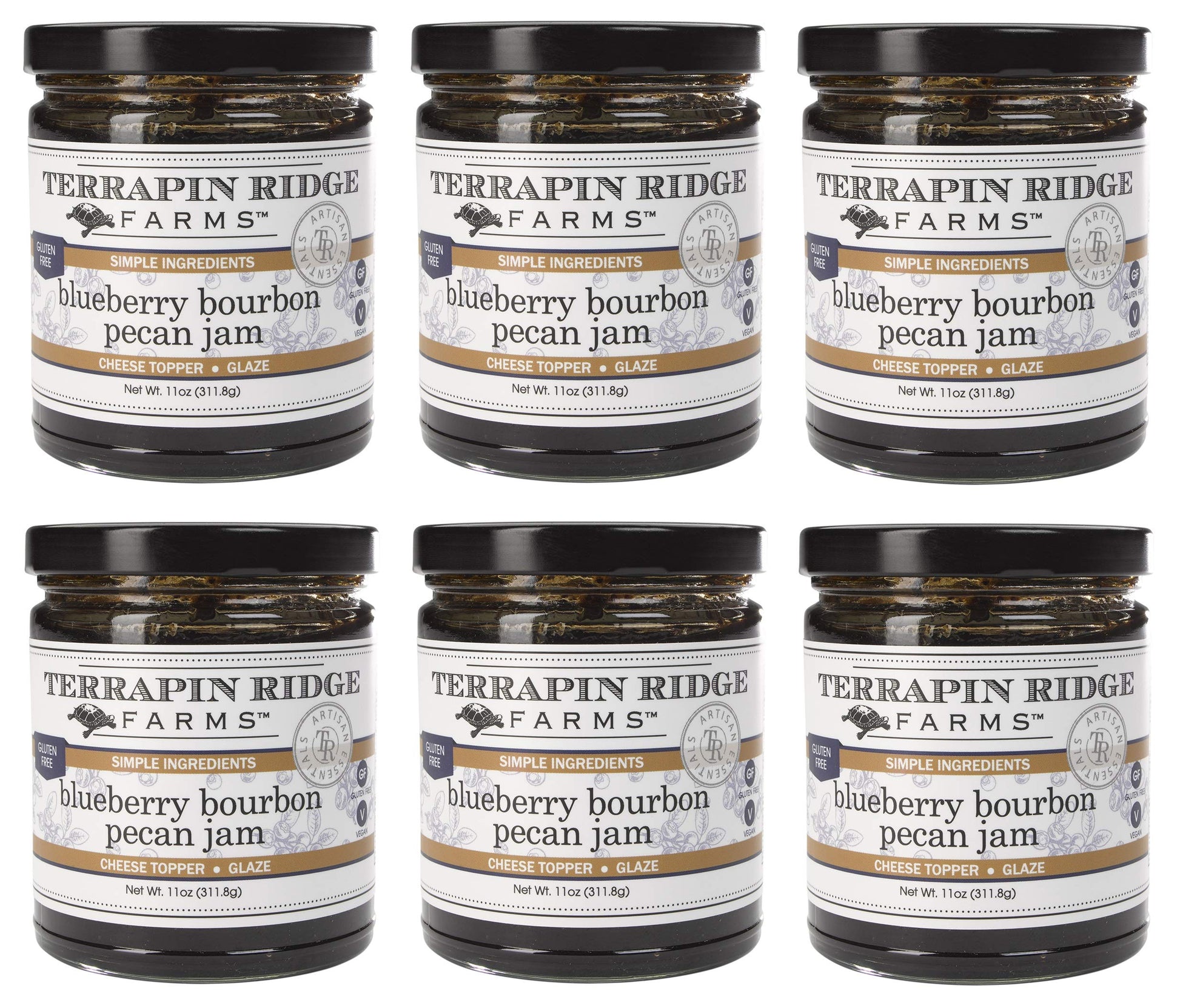 Terrapin Ridge Farms Blueberry Bourbon Pecan Jam, Sweet Jam with Blueberries, Pecans & Raisins, 11 oz Jar, Pack of 6