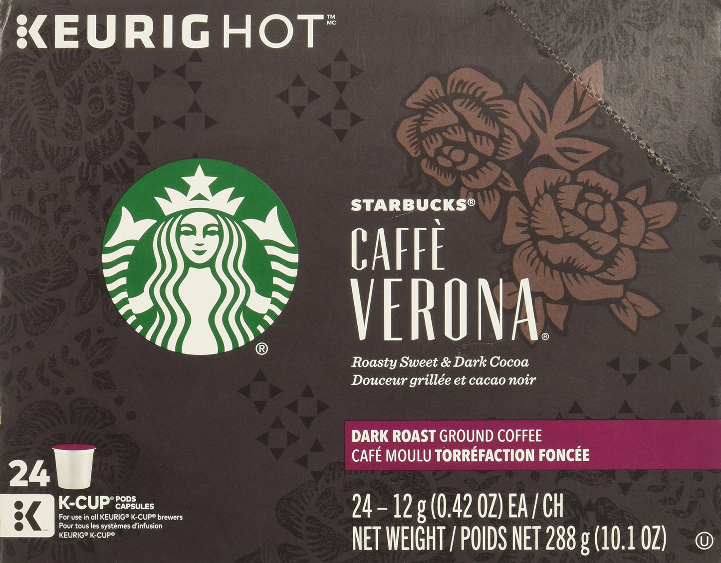 Starbucks K-Cup Coffee Pods, Dark Roast Coffee, Caffè Verona For Keurig Coffee Makers, 100% Arabica, 1 Box (24 Pods)