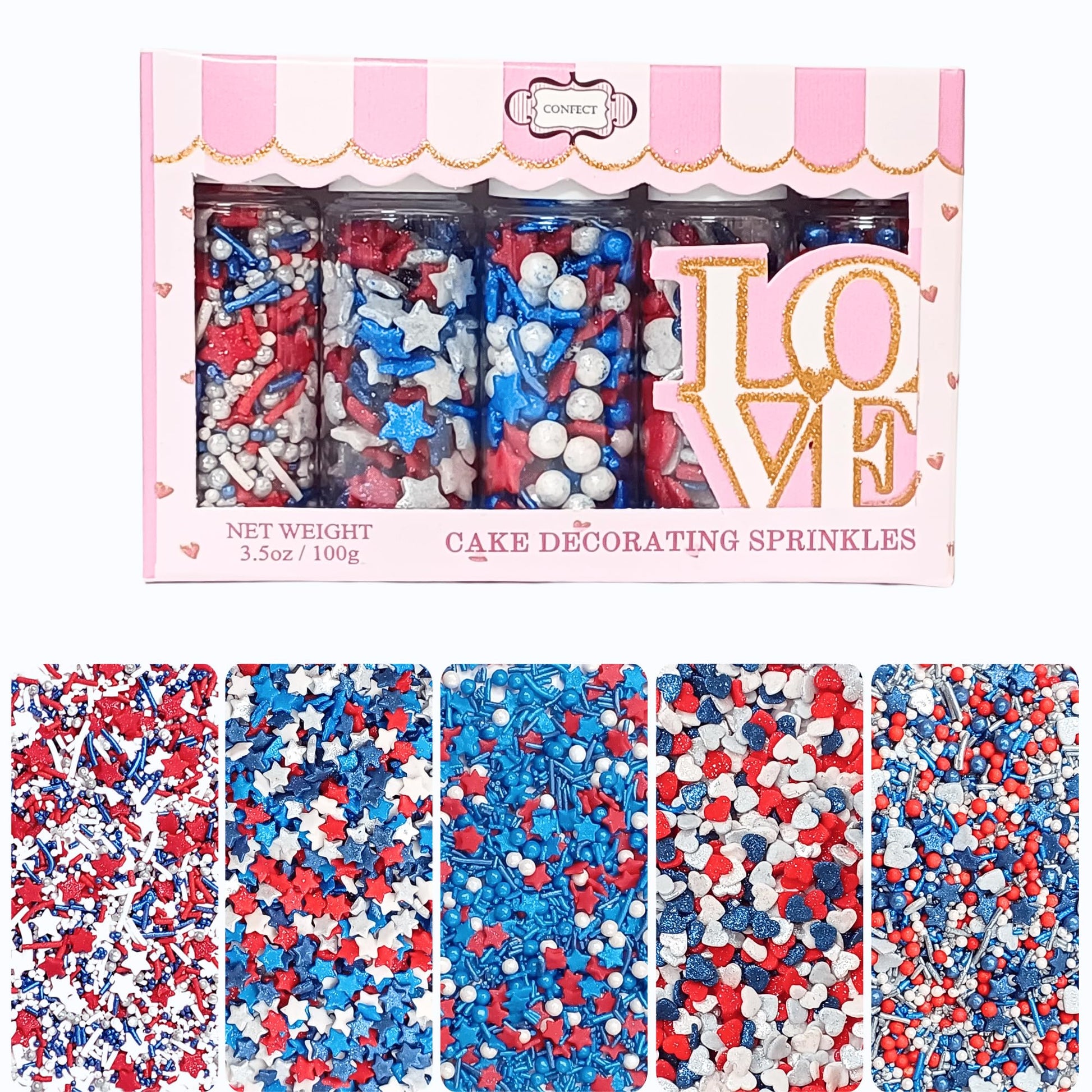 Confect Patriotic Sprinkles | Assorted Pack of 5 Mix Red, White & Blue Sprinkles | Heart & Star Pearls & Jimmies For Cake & Cupc