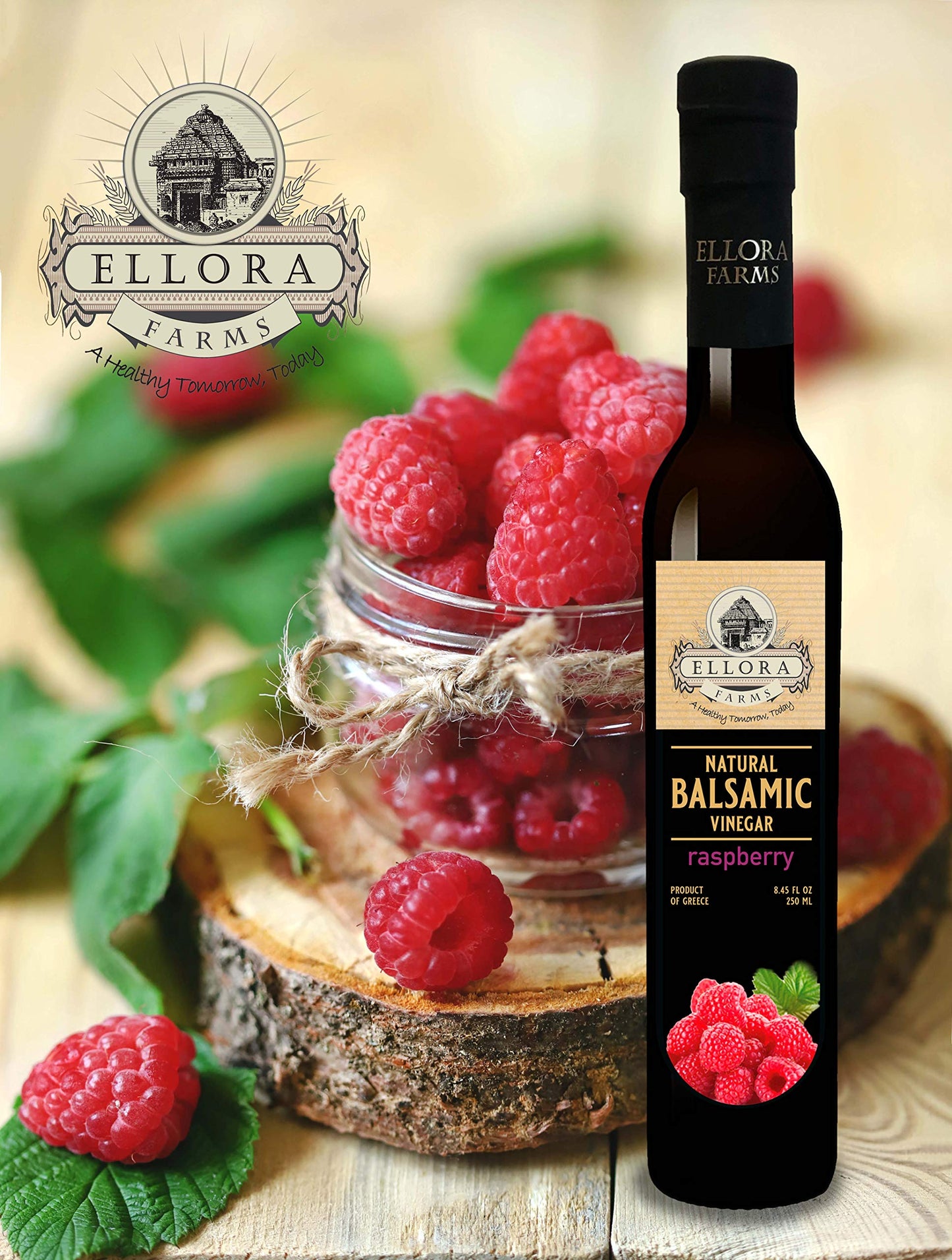 Ellora Farms, Fresh Raspberry Infused Thick Balsamic Vinegar, No-Additives, No Added Sugars, No-Preservatives, Glass Bottle, 8.4