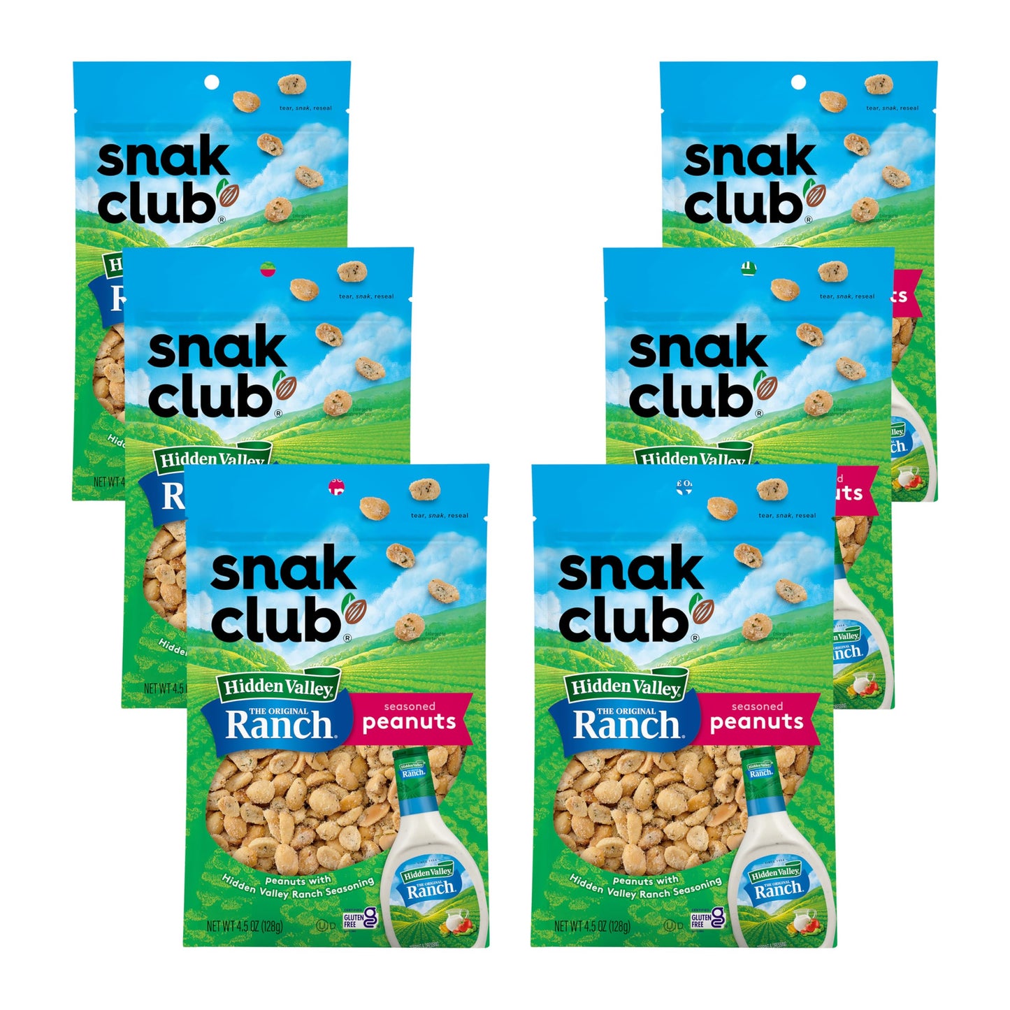 Snak Club Peanuts with Hidden Valley Ranch Seasoning, Gluten-Free, 4.5 oz Resealable Bags, 6 Pack