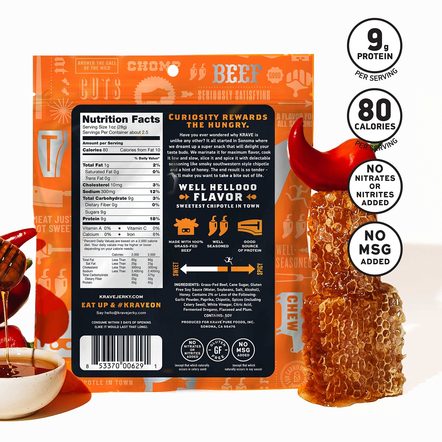 Krave All Natural Beef Jerky, Sweet Chipotle - Protein Packed Snacks Roasted For Maximum Flavor - 100% Grass Fed Beef - Gluten Free - 2.7 Ounce (Pack Of 8)