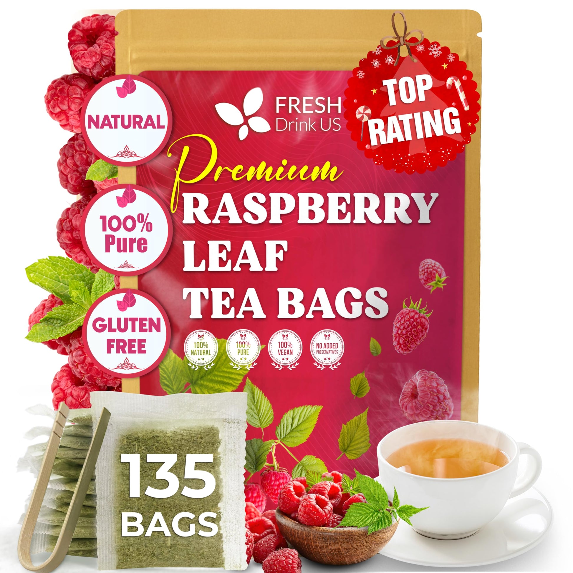 Freshdrinkus  Top-Grade Raspberry Leaf Tea With Chamomile - 135 Tea Bags | Naturally Energy Blend-Free Herbal Blend | Soothing Floral Flavor | Top-Grade Loose Herbal Tea In Natural Material Tea Bags