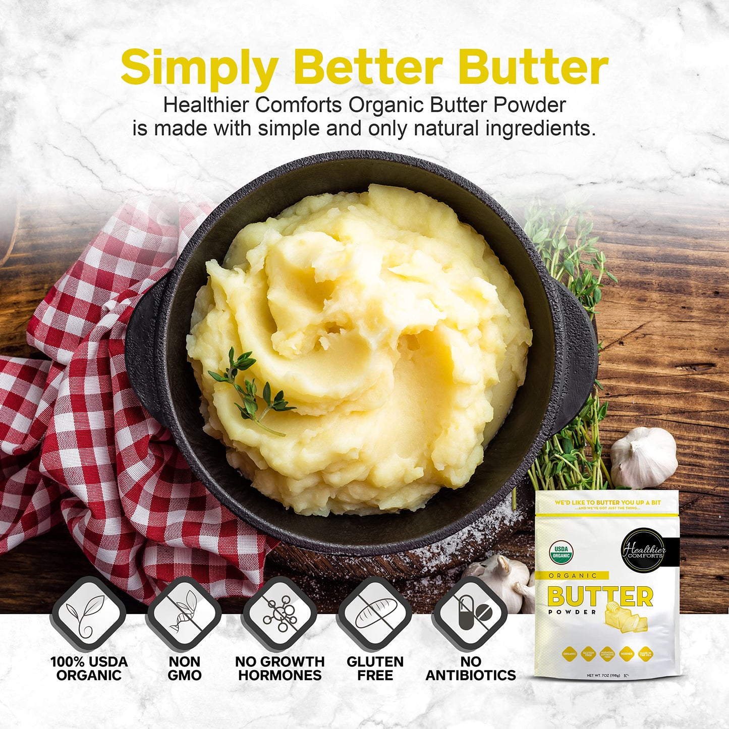Healthier Comforts Organic Butter Powder | USDA Certified Organic Dehydrated Unsalted Butter | Kosher, Gluten Free, Non-GMO | Po