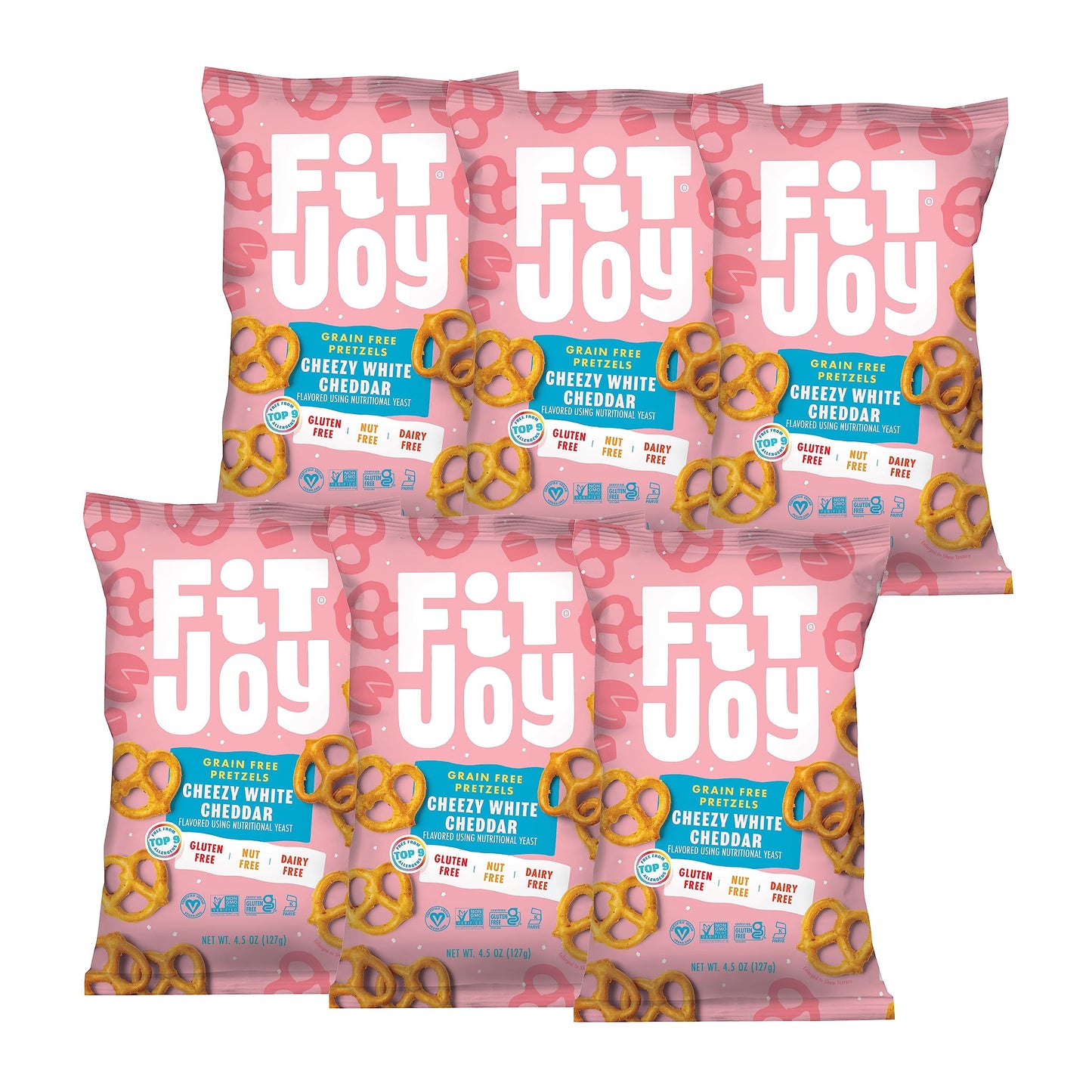 FitJoy White Cheddar Pretzels (Pack of 6, 4.5 Oz) - Dairy, Nut & Gluten Free Snacks - Grain Free Cassava Root & Chickpea Flour V