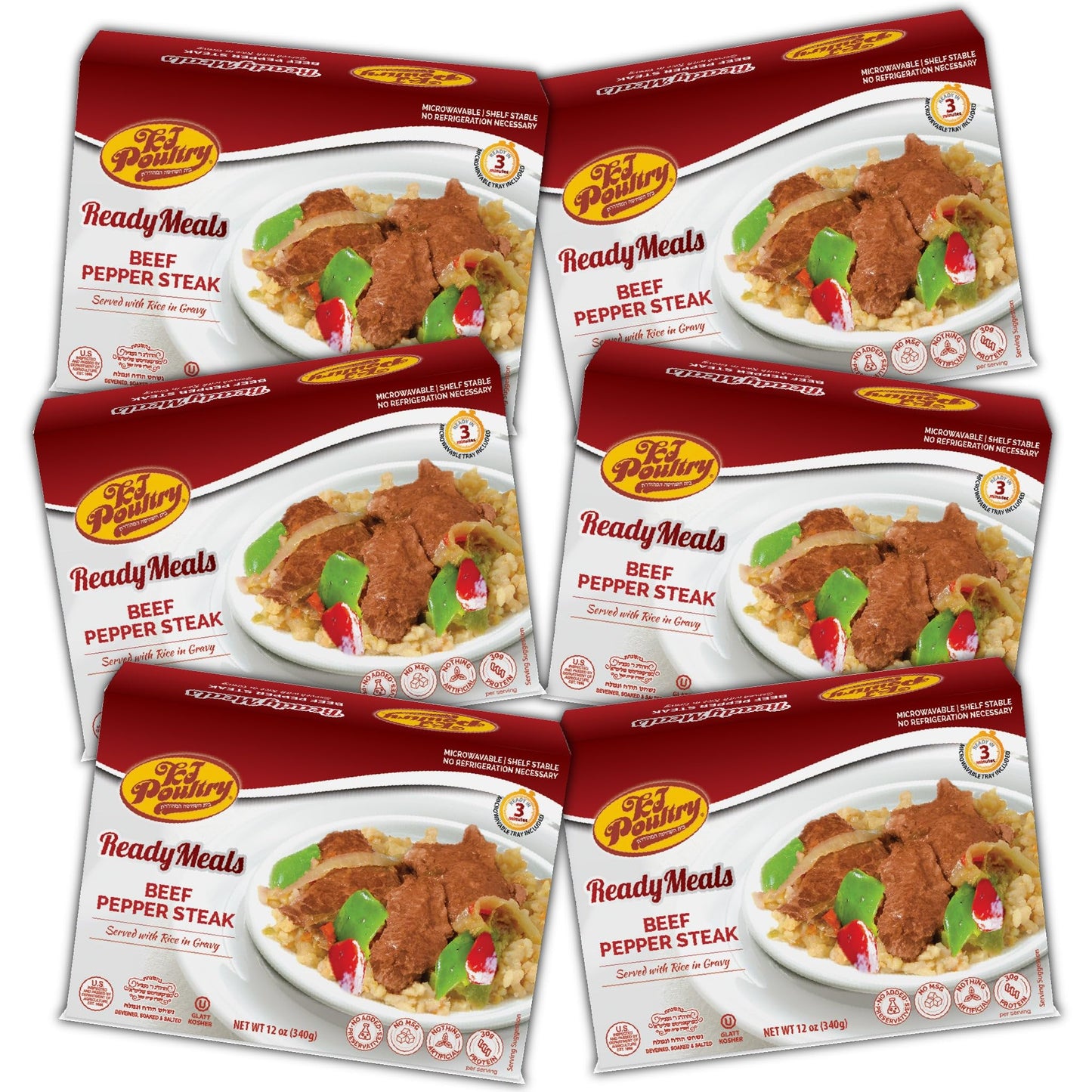 KJ Poultry Beef Pepper Steak & Rice MRE Meals - Fully Cooked, Shelf Stable, 6 Pack