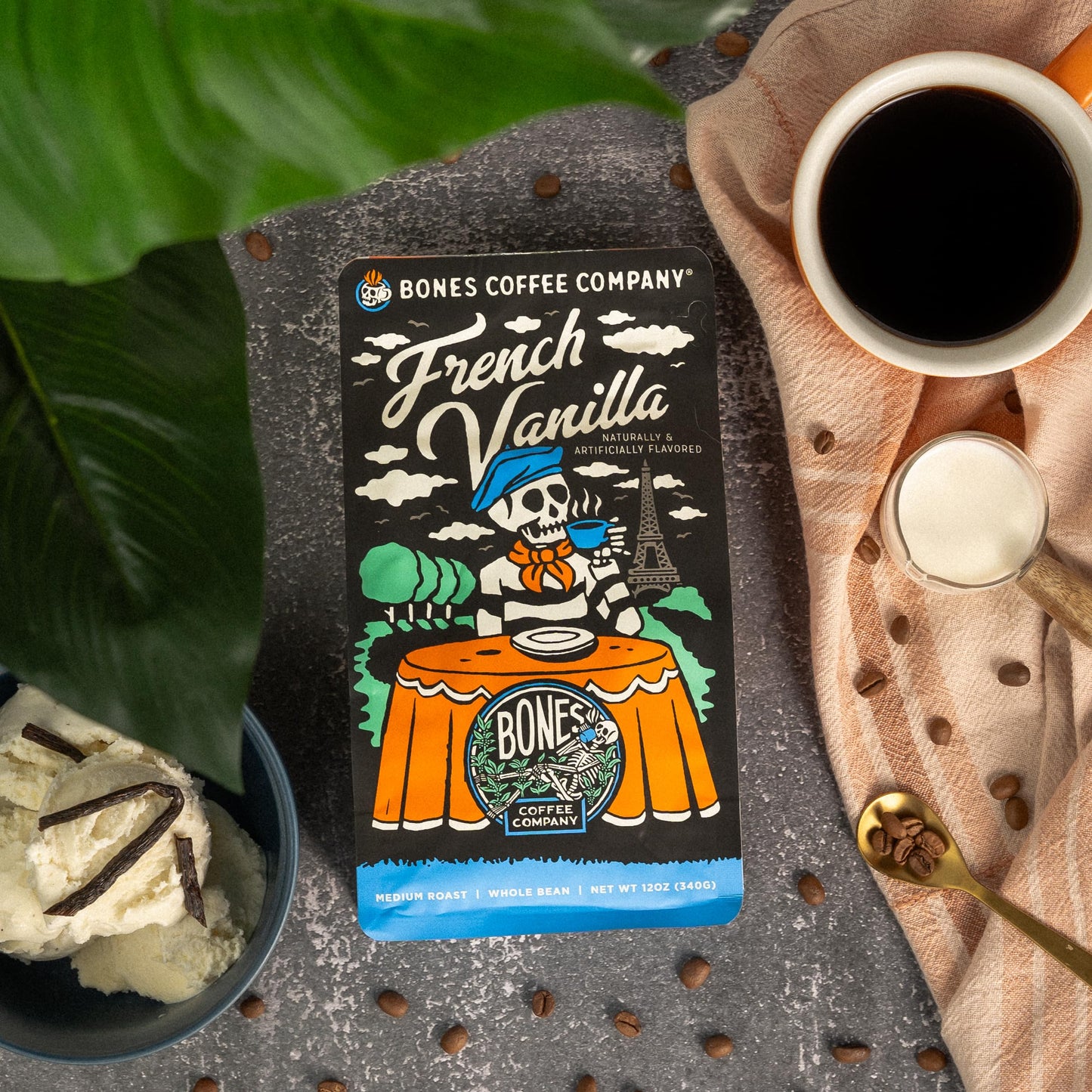 Bones Coffee Company French Vanilla Coffee Ground Coffee Beans, Low Acid Flavored Coffee, Made With Arabica Coffee Beans, Medium