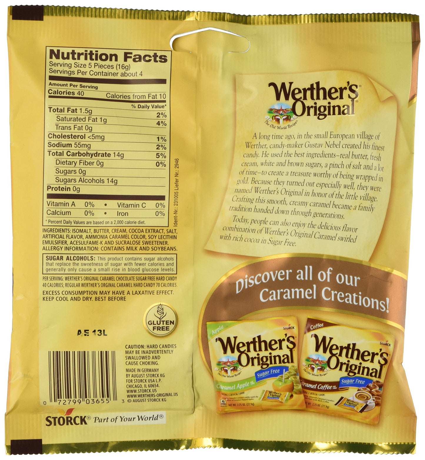 Werther'S Original Caramel Chocolate Sugar Free Hard Candies 2.35 Oz By Werther'S