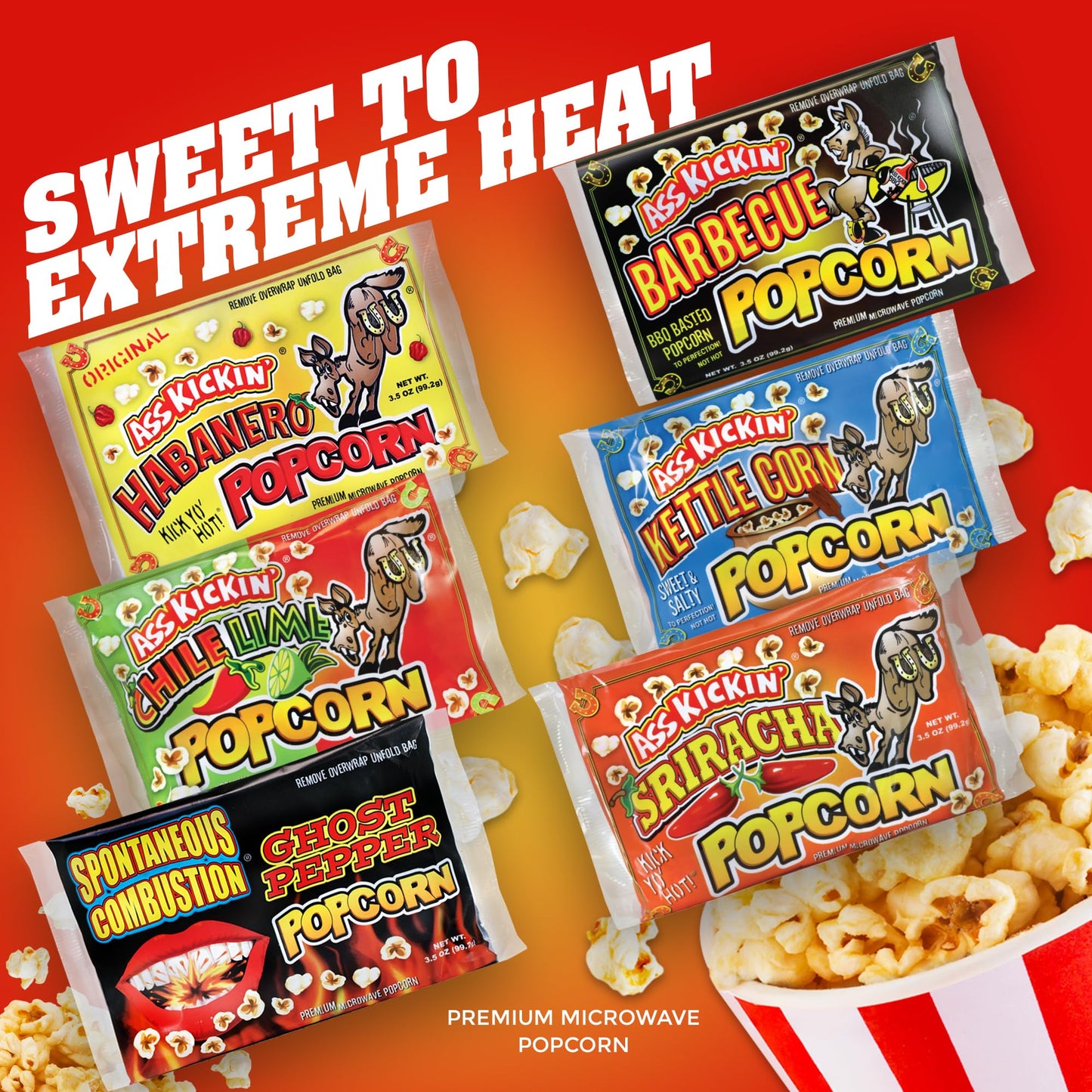 ASS KICKIN Microwave Popcorn Variety Gift Pack - Spicy Gourmet Snacks, 3.5 Ounce (Pack of 6)