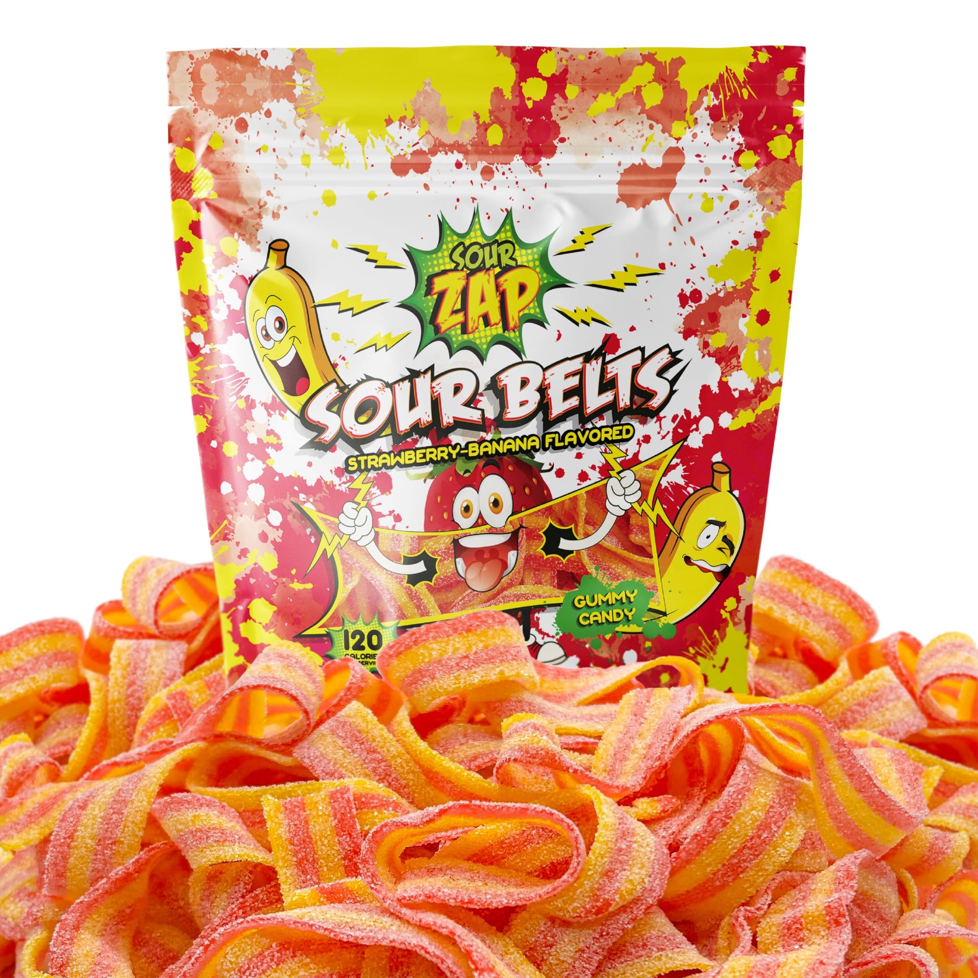 SOURZAP Sour Belts - Strawberry-Banana Flavor Gummy Candy, 8-Ounce Pack, Dye Free, Perfect for Snacking and Gifting