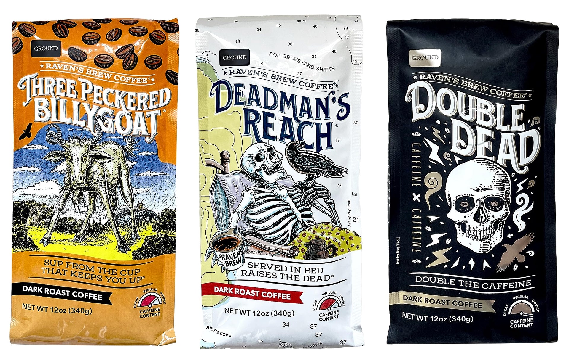 Raven'S Brew Ground Coffee Variety Pack - 3 Delicious Flavors - Three Peckered Billy Goat, Deadman'S Reach And Double Dead - 12O