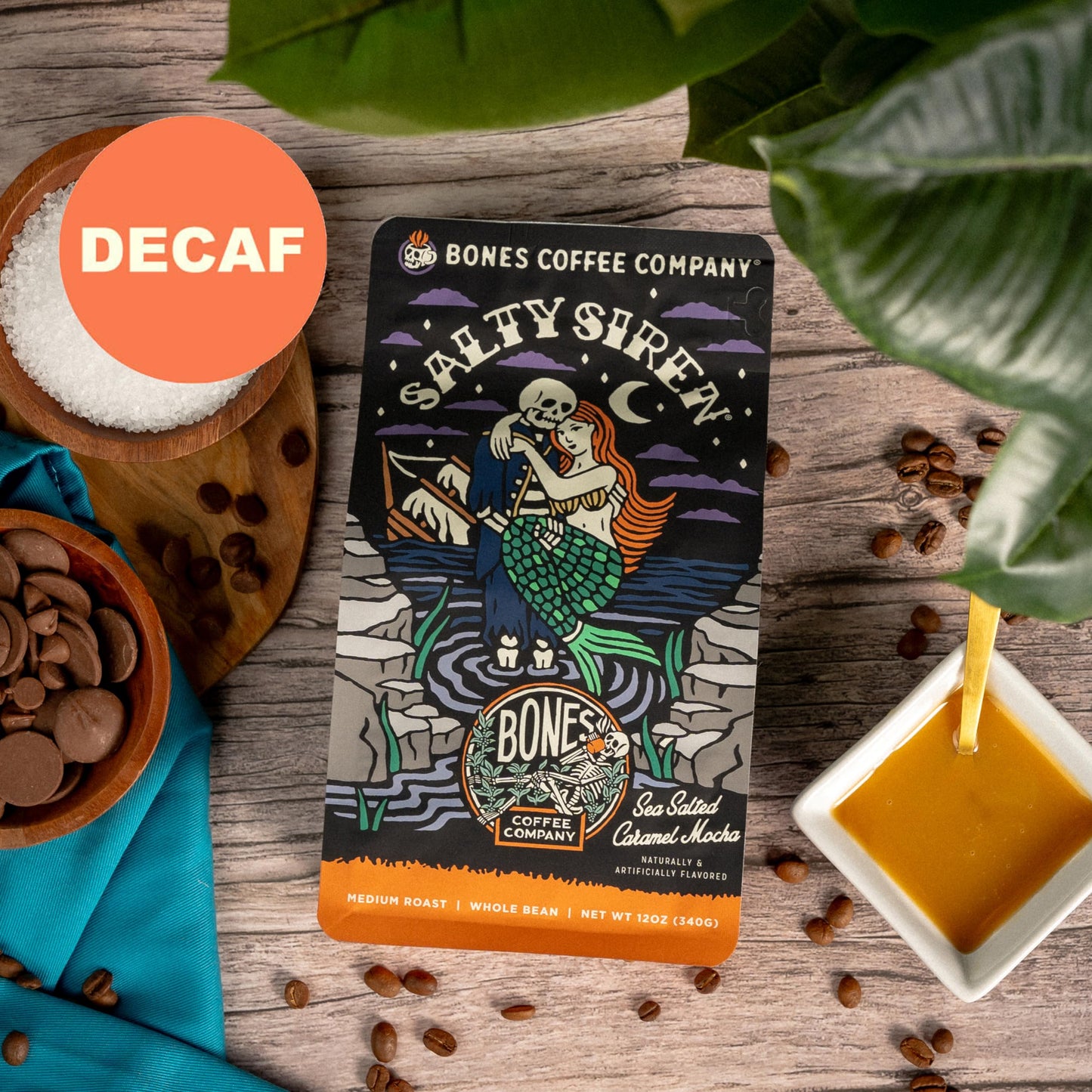 Bones Coffee Company Decaf Salty Siren Whole Coffee Beans Caramel Chocolate Flavor, Low Acid Flavored Coffee, Made With Arabica Coffee Beans, Medium Roast Gourmet Coffee (12 Oz)