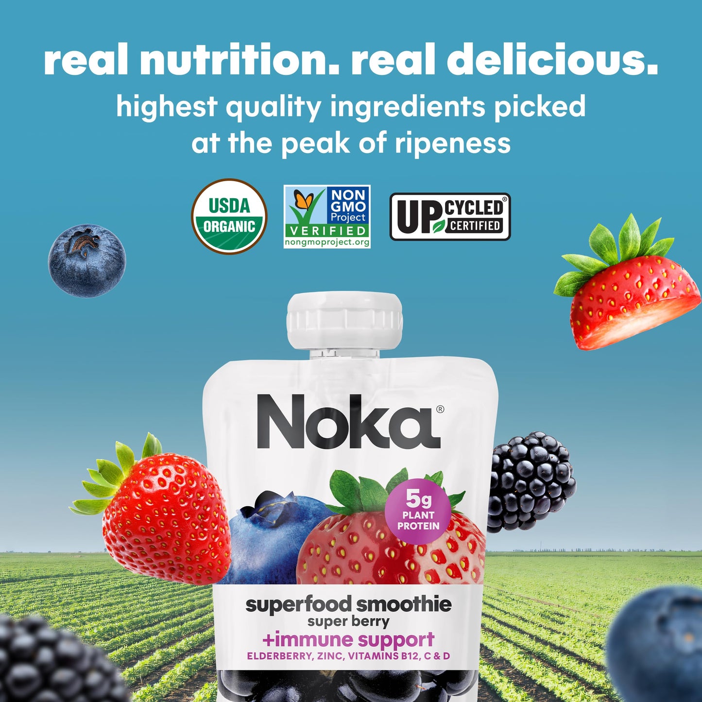 Noka Organic Superfood Smoothie Pouches - Super Berry - Immune Support with Elderberry, Vitamin C & Plant Protein, Organic Healt