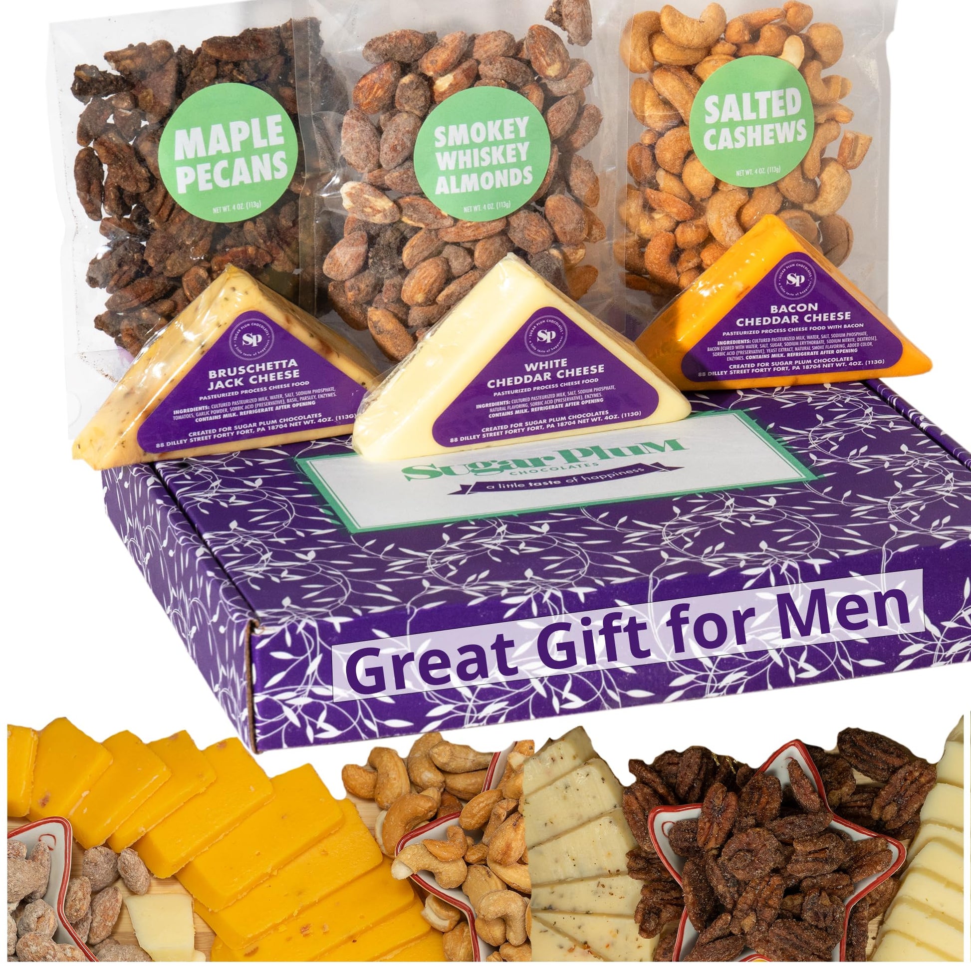 SUGAR PLUM Cheese and Nuts Gift Basket - 1.5 lbs, Includes Cashews, Almonds, Pecans, Jack and Cheddar Cheeses, Perfect for Gifting