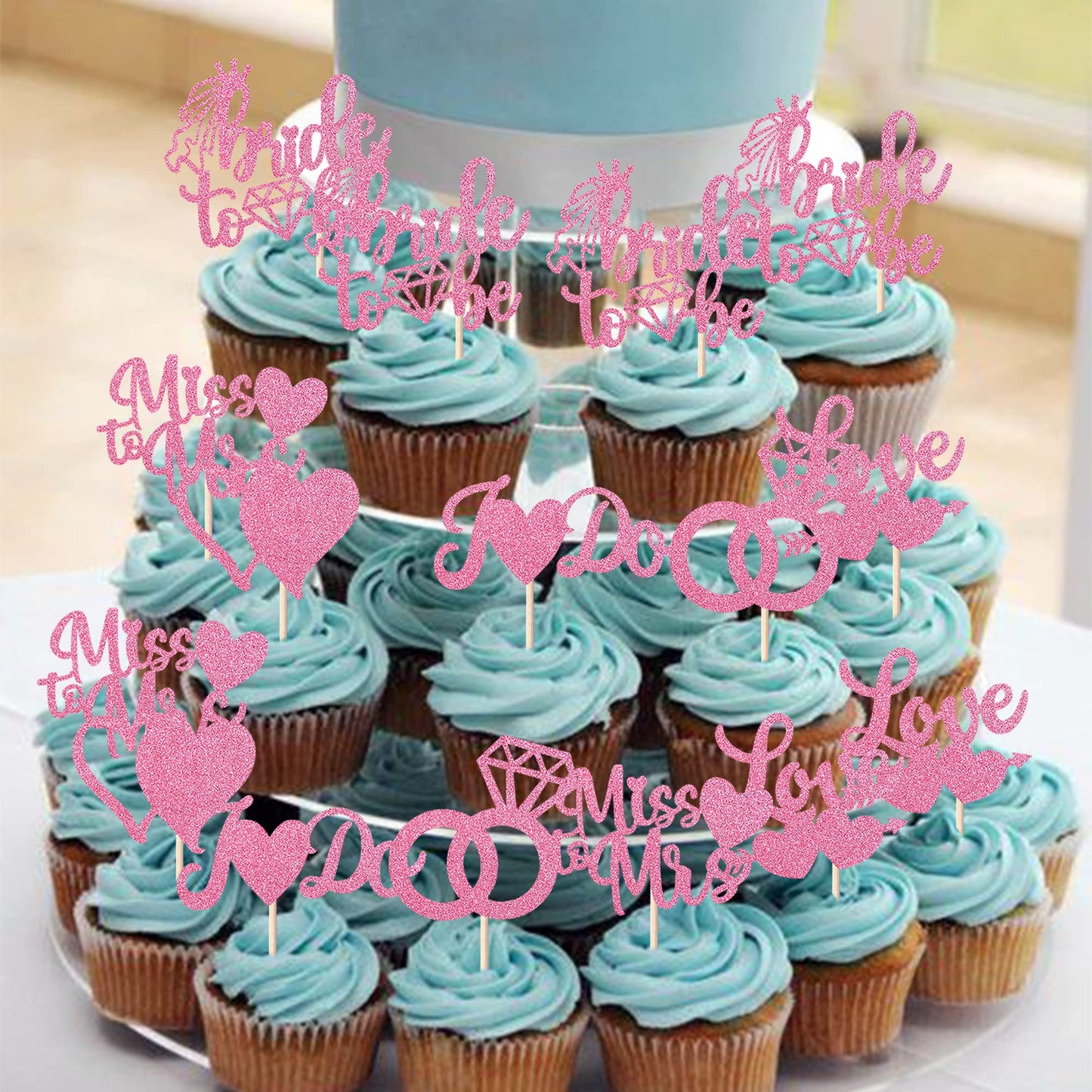 YCTHUNFISH 36 Pack Bridal Shower Cupcake Toppers - Glitter Diamond Ring Picks, Paper, Pink
