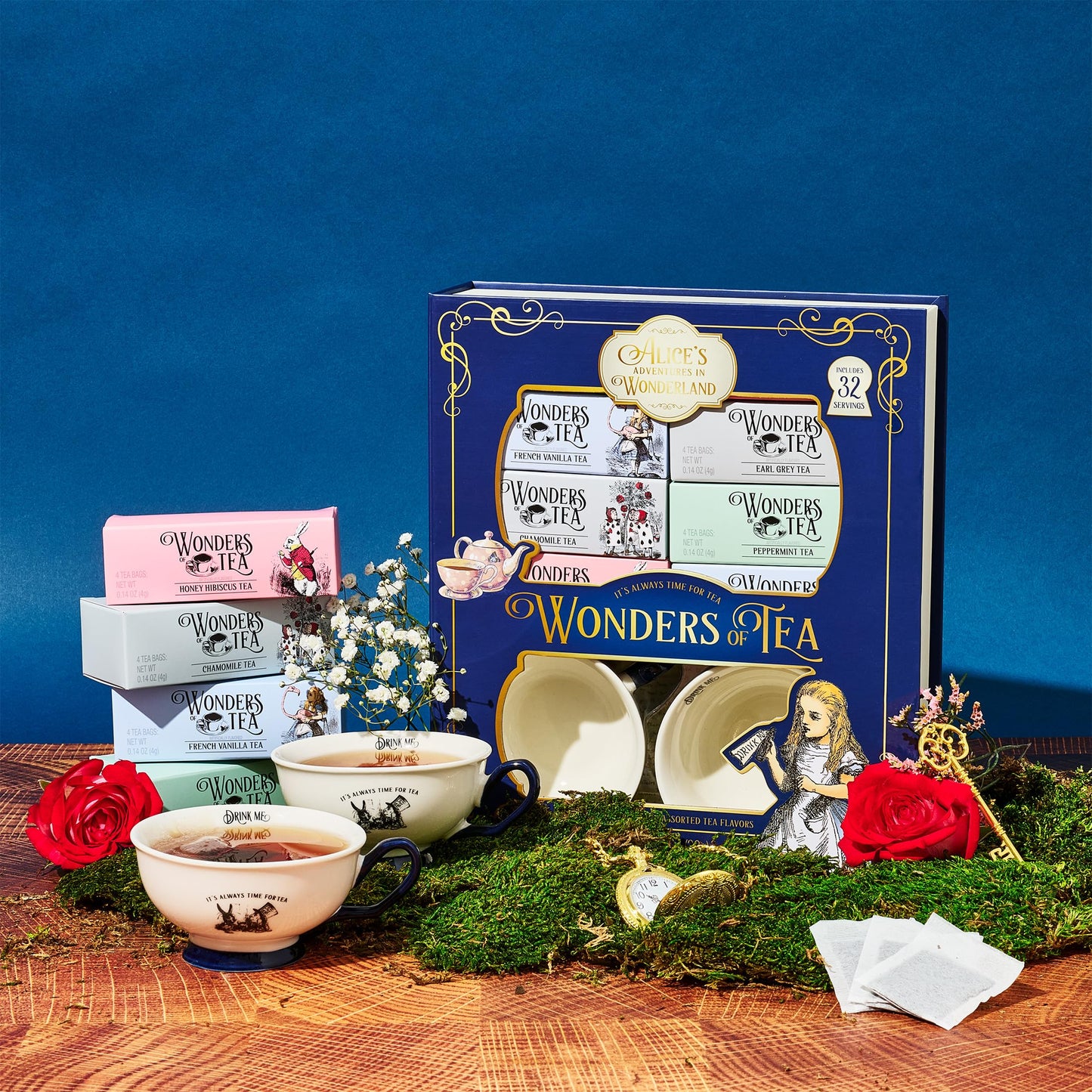 Alice’S Adventures In Wonderland Tea Assortment Gift Set, Includes 2 Ceramic Cups And 32 Tea Bags Of Herbal, Black, And Green Tea In Whimsical Book-Shaped Packaging, Set Of 34