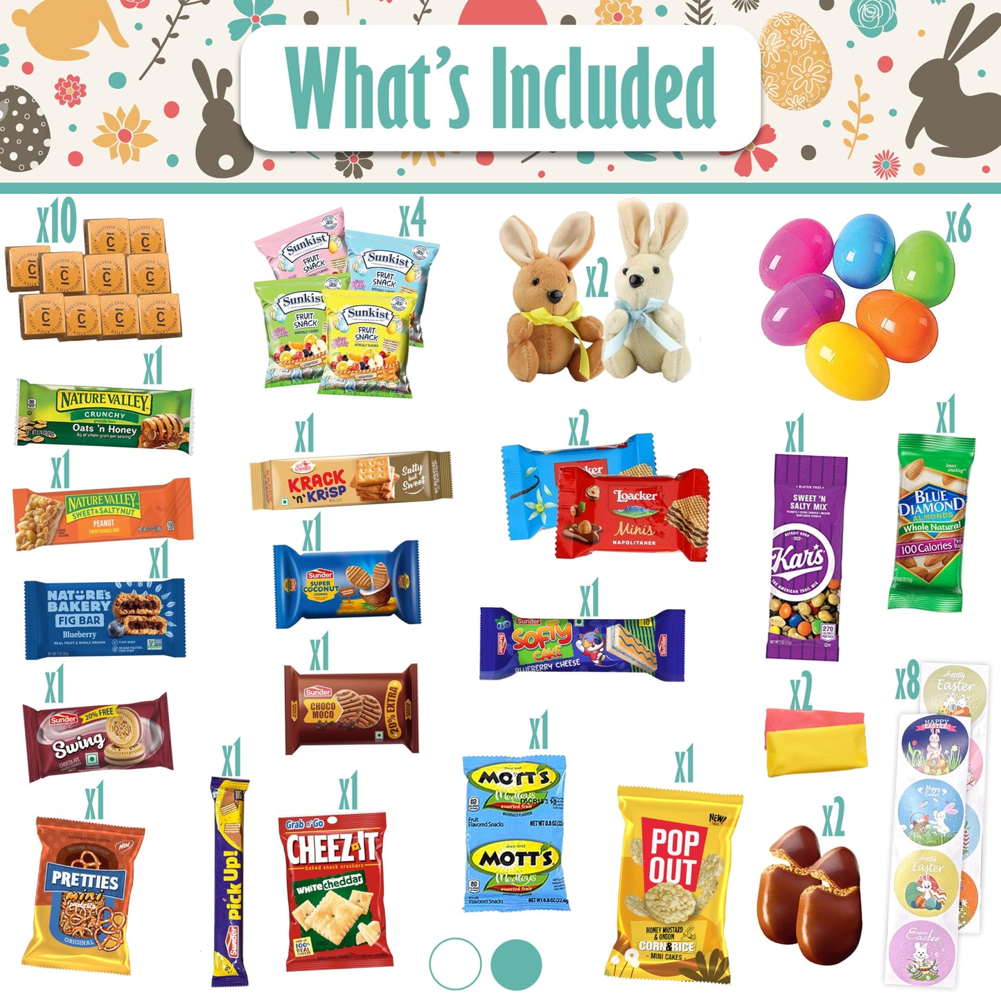Easter Brown Round Willow Basket (70 Ct) Filled With Treats, Snacks, Candy, Peelable Gummies, Marshmallow Gummies, Bunny And Mor
