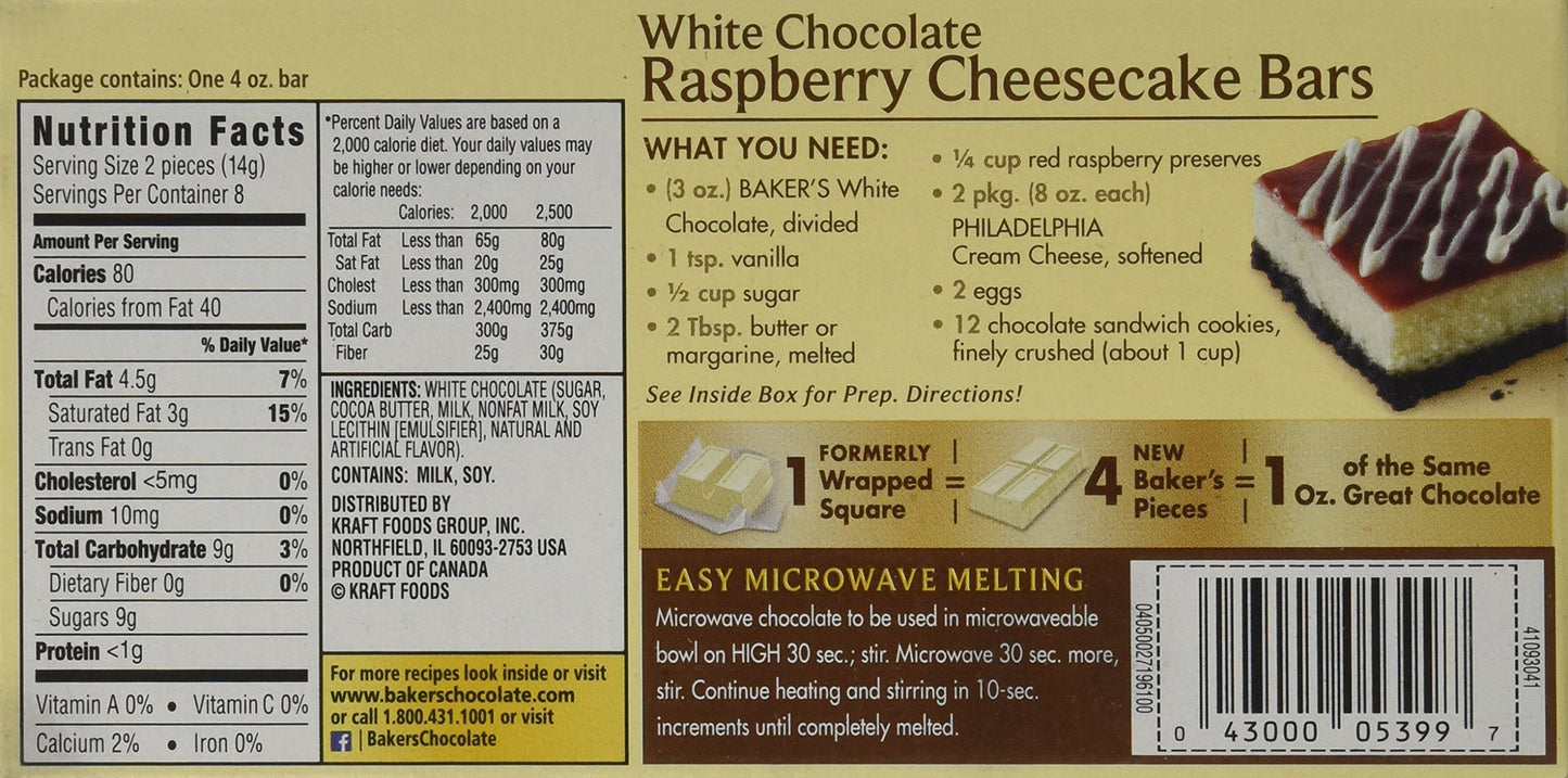 Baker's Premium White Chocolate Baking Bar, 4oz (Pack of 4) - Perfect for Baking and Desserts