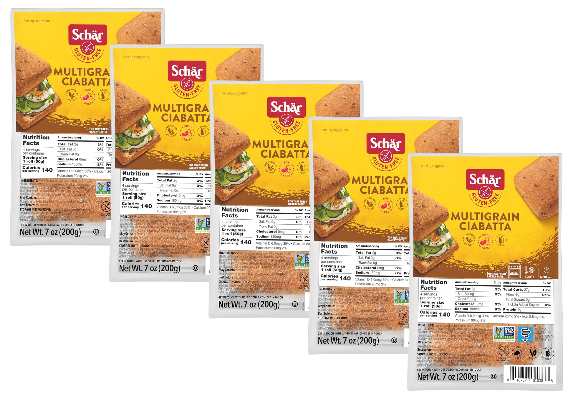 Schar Multigrain Ciabatta Bread, 7 oz, 5-Pack, Certifed Gluten Free, MONASH Certified, Low FODMAP Certified, Wheat Free, Dairy F