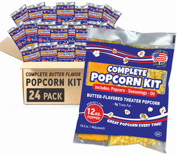 Premium America Popcorn Kit, 24 Pack For A 12 Oz Popper, Movie Theater Popcorn Kernels, Oil & Seasoning, Bulk All In One Popcorn