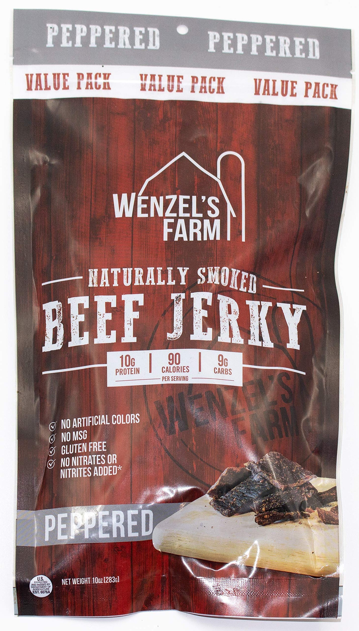 Wenzels Farm Peppered Beef Jerky 10 Oz. | Value Pack | Naturally Smoked | No Msg, Fillers, Binders, Artificial Colors | Gluten Free