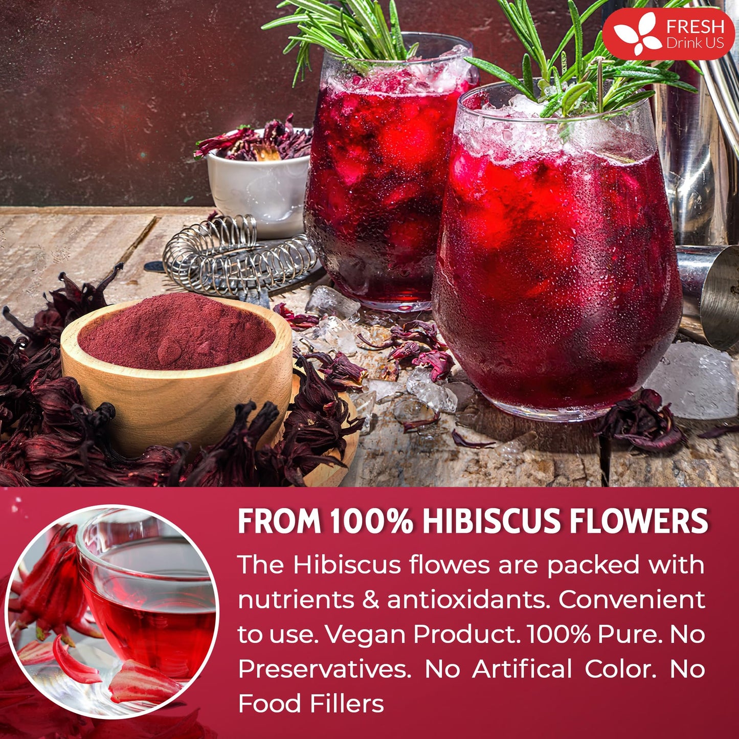 FRESHDRINKUS Hibiscus Flower Herbal Tea, 100% Natural, 22oz, No Additives, Caffeine-Free, Vegan, Model TS0417-B700ML-M982