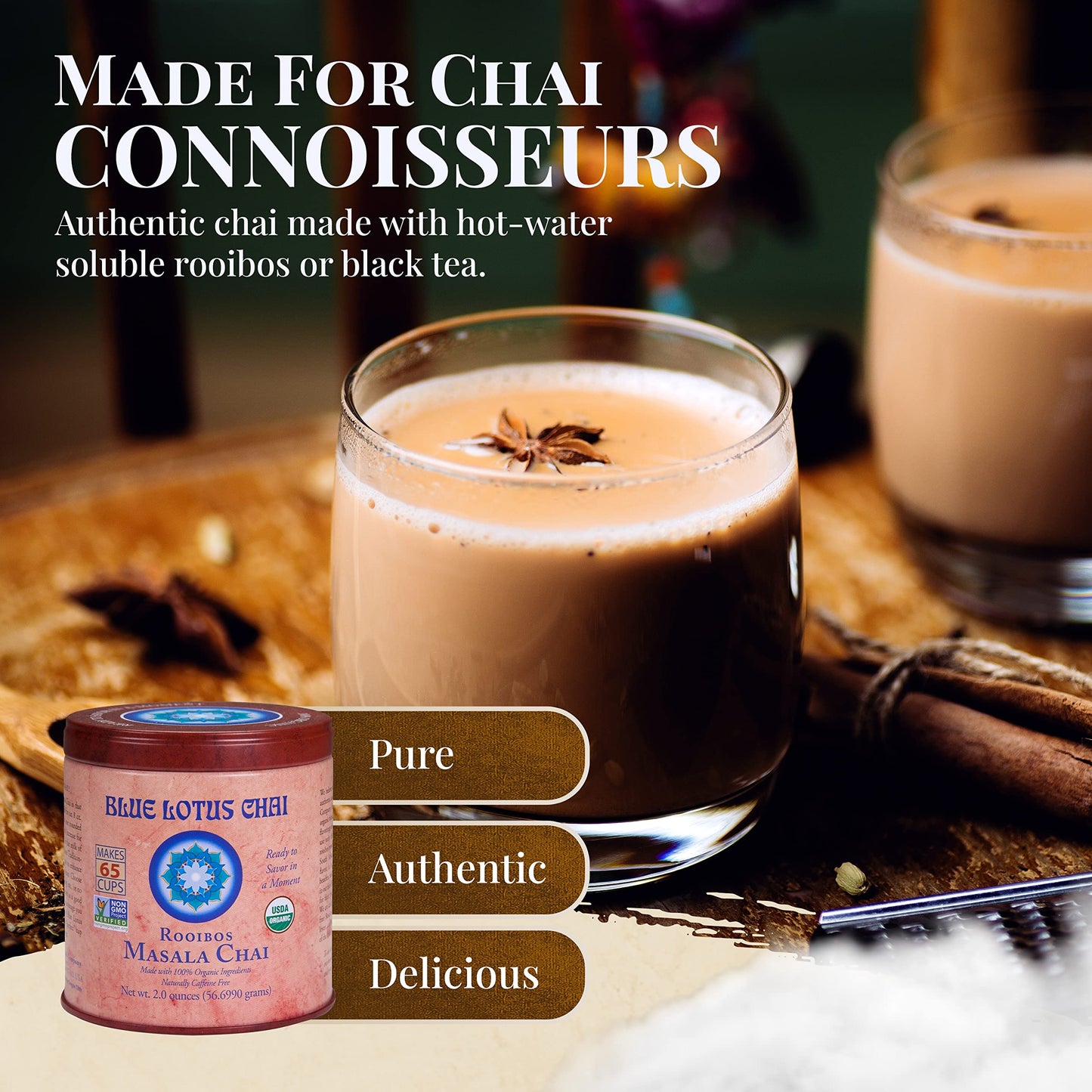 Blue Lotus Chai - Rooibos Flavor Masala Chai - Makes 65 Cups - 2 Ounce Masala Spiced Chai Powder With Organic Spices - Instant I
