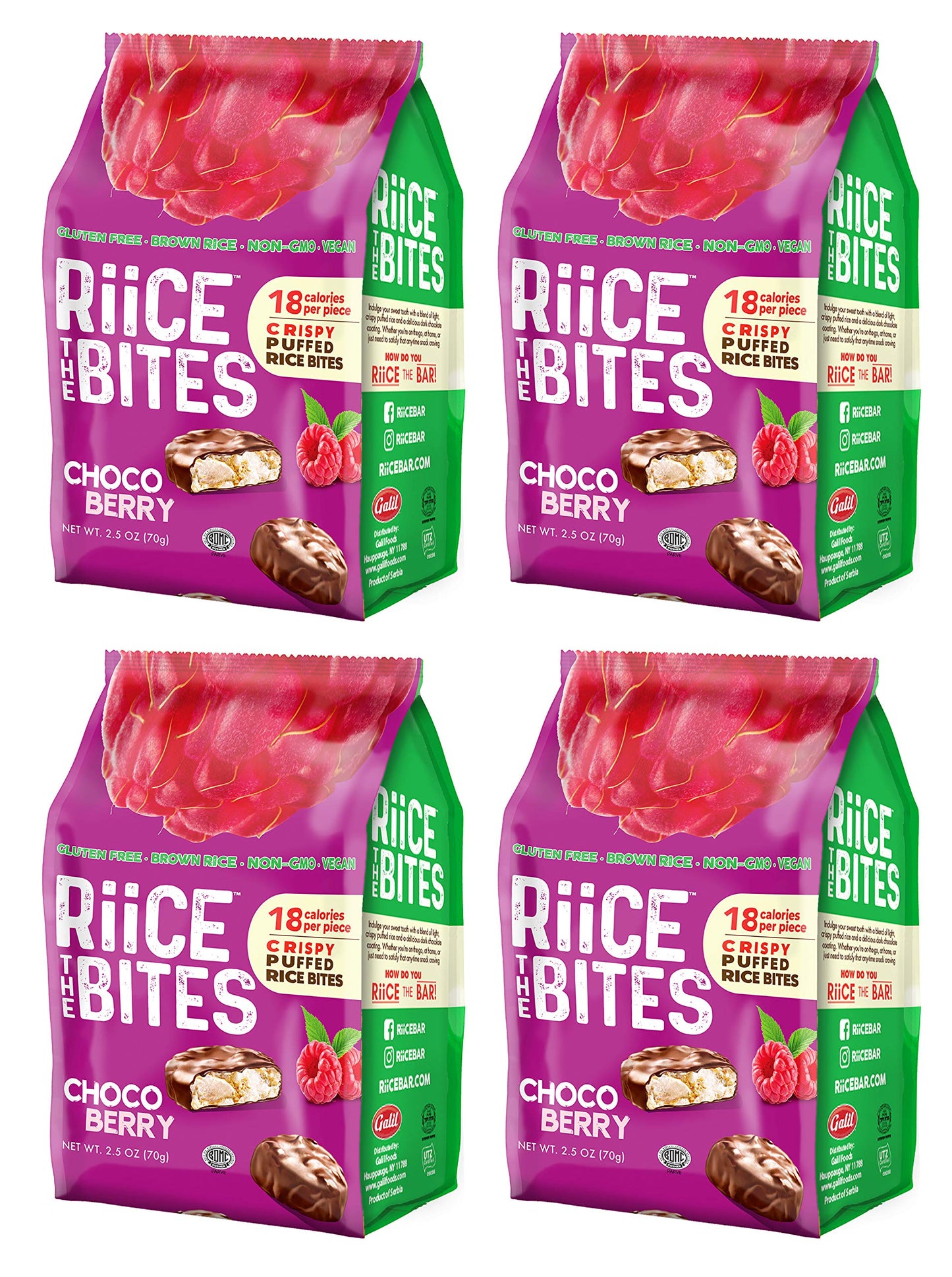 RiiCE THE BITES Puffed Brown Rice Bites Pack of 4 - Kosher, Vegan, Non-GMO, Chocolate Coated Gluten-Free, Nut-Free Snack Bites -