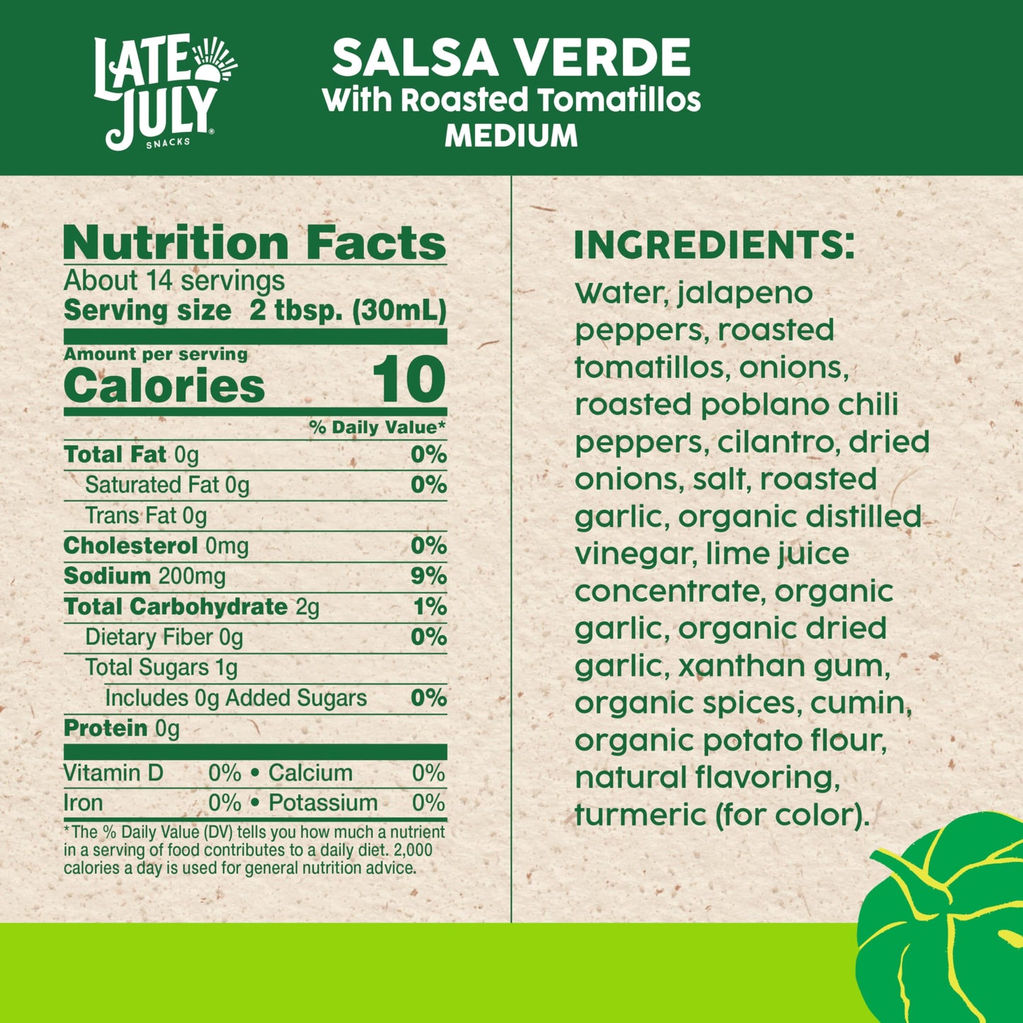 Late July Salsa Verde, Medium, 15.5 oz Jar, Roasted Tomatillos, Pack of 1