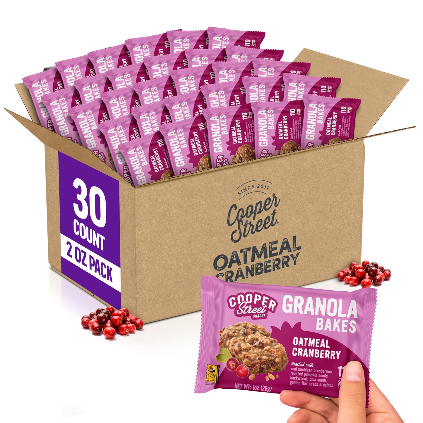 COOPER STREET Granola Cookie Bake Chewy Bars with Chia, Flax, Oats, 30 Count, Oatmeal Cranberry Flavor, Individually Wrapped