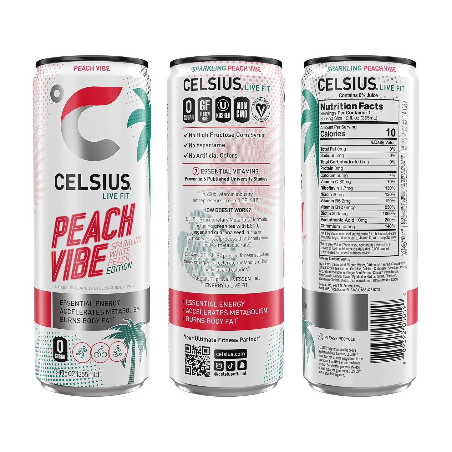 CELSIUS Sparkling Peach Vibe, Functional Essential Energy Drink 12 Fl Oz (Pack of 24)