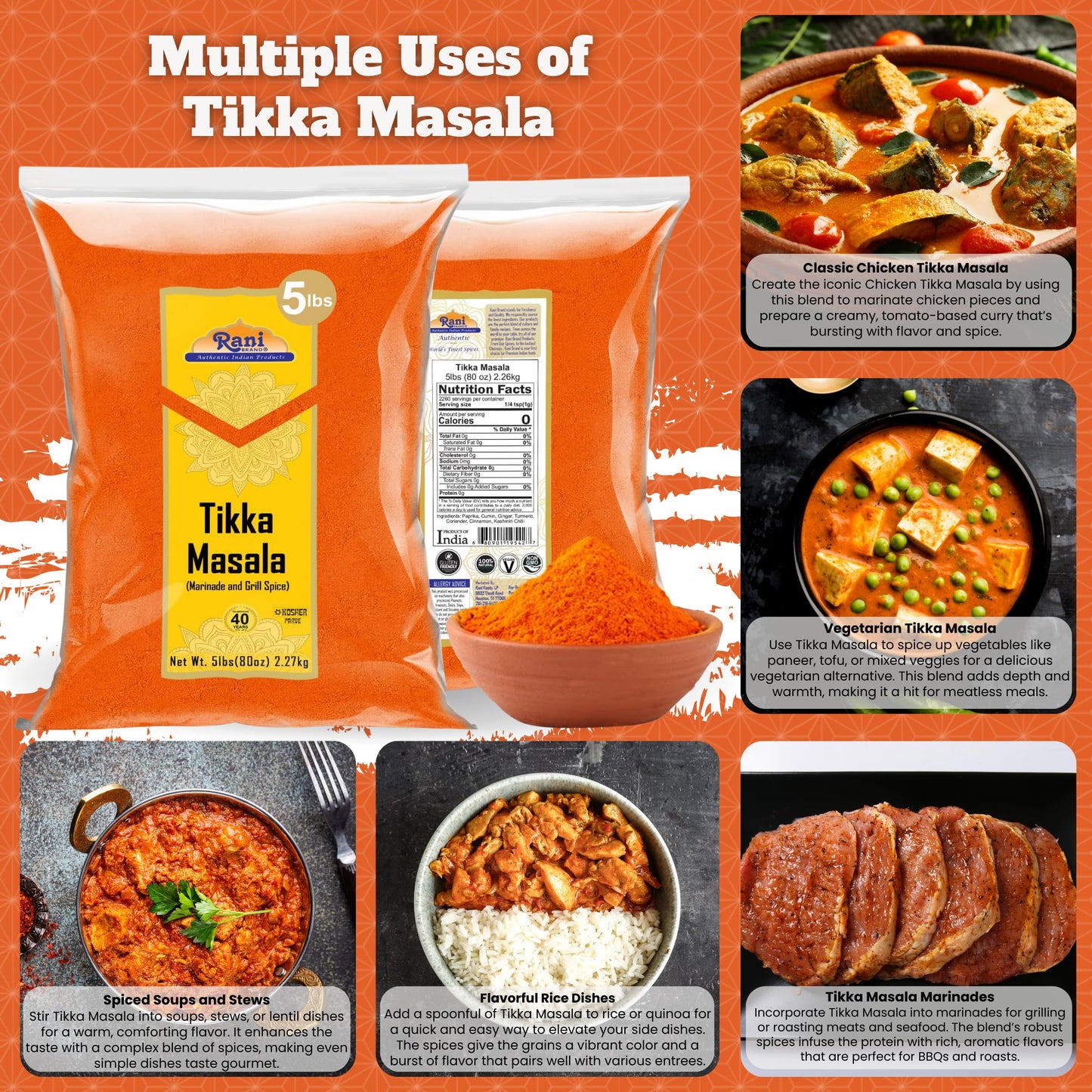 Rani Tikka Masala Indian 7-Spice Blend 80Oz (5Lbs) 2.27Kg Bulk ~ All Natural | Salt-Free | Vegan | No Colors | Gluten Friendly | Non-Gmo | Indian Origin