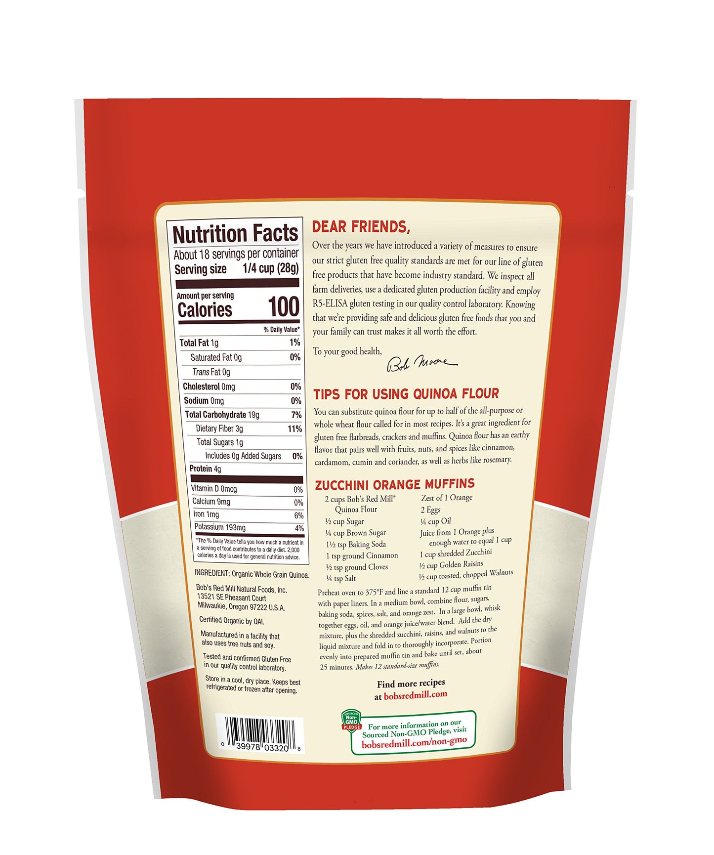 Bob s Red Mill Organic Quinoa Flour, 18oz (Pack of 4) - Non GMO, Whole Grain, Vegan, Kosher