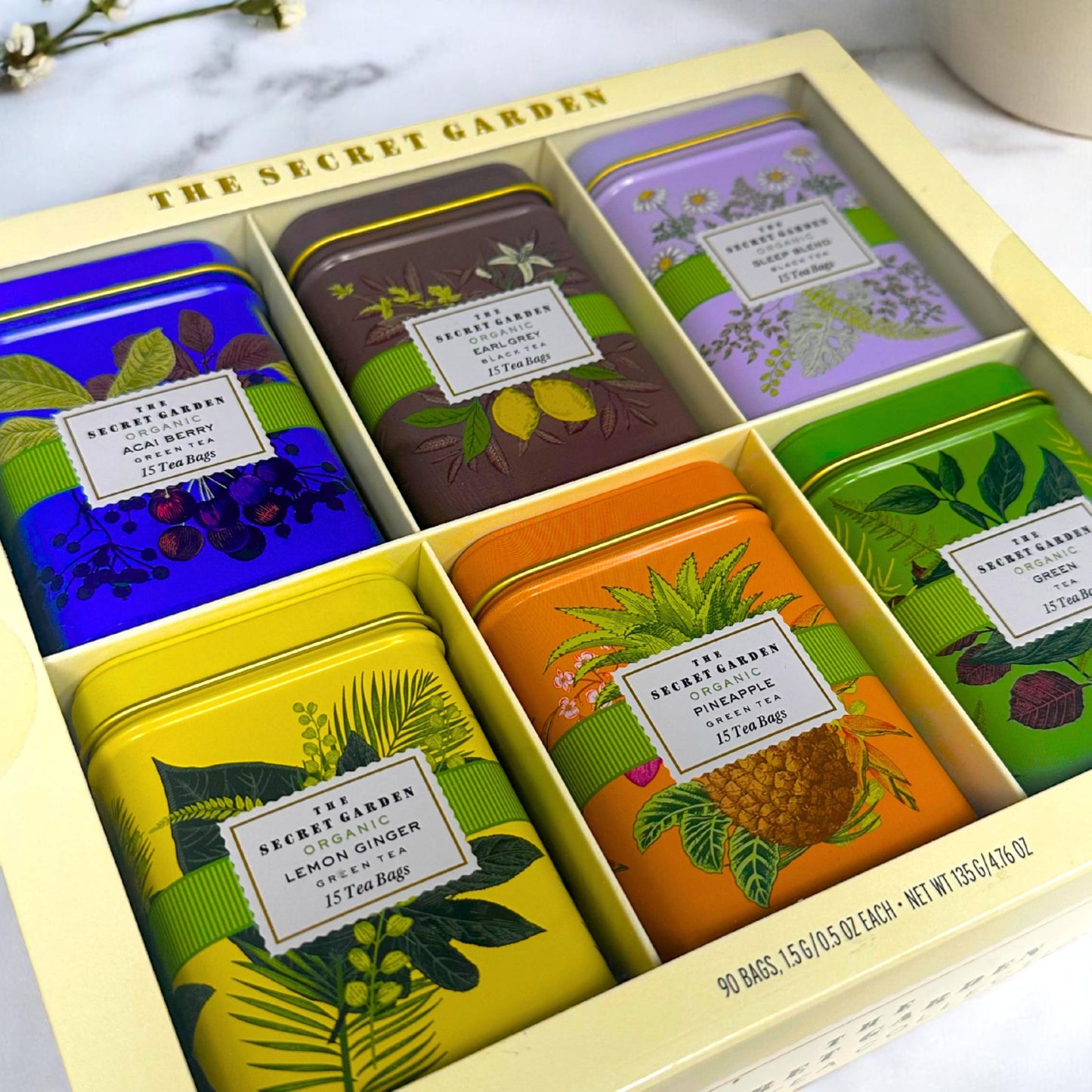 Organic Tea Sampler Gift Set 90 Bags In 6 Designer Tins Enhanced Assorted Flavors: Acai Berry, Earl Grey, Sleep Herbal, Lemon Ginger, Pineapple, Green Tea