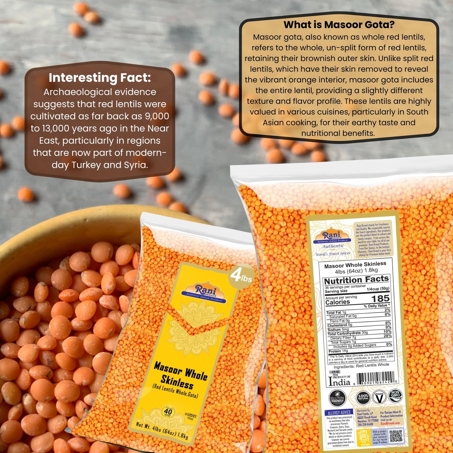Rani Masoor Gota (Football) Indian Red Lentils Skinless 64Oz (4Lbs) 1.81Kg Bulk ~ All Natural | Gluten Friendly | Non-Gmo | Vega