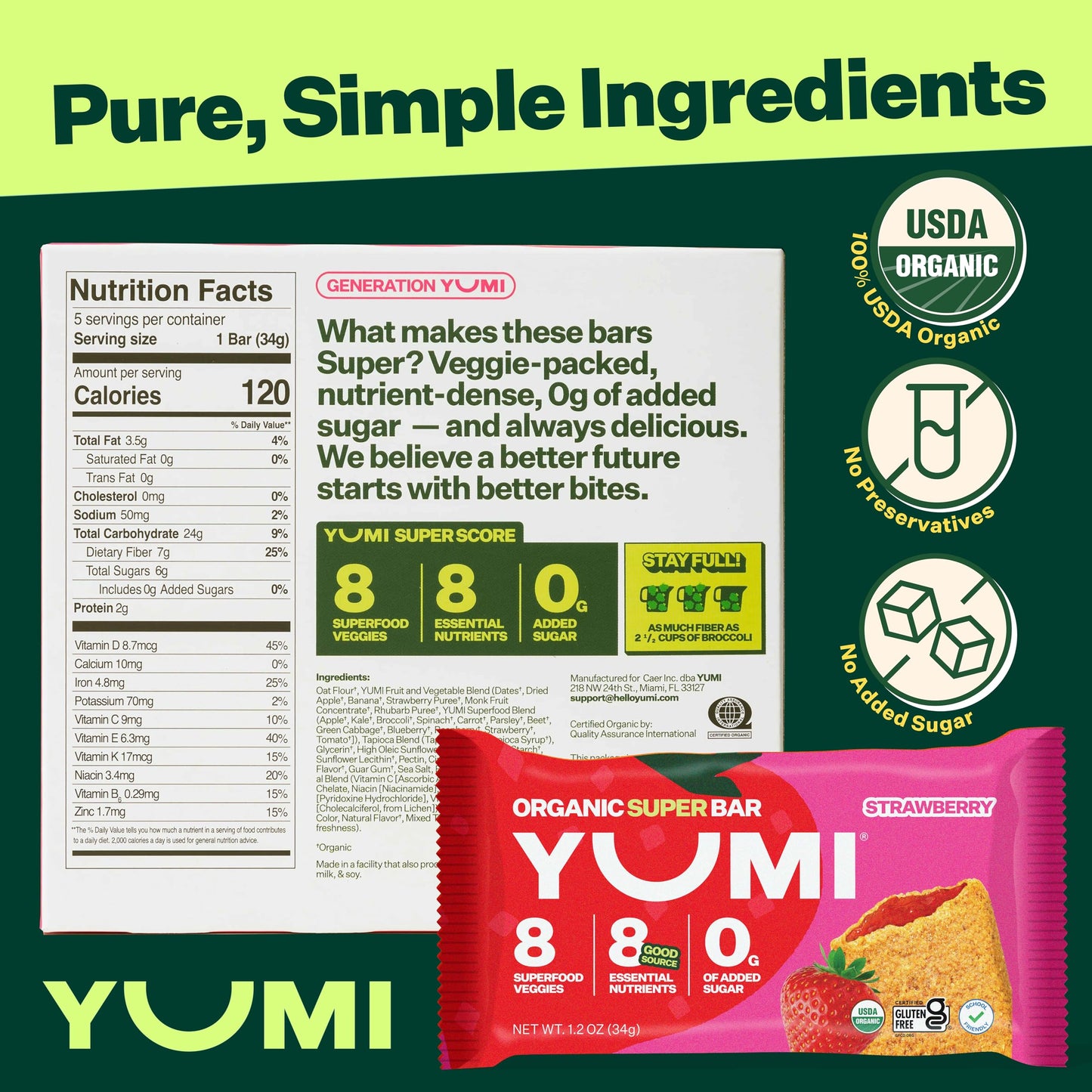 Yumi Organic Breakfast Superbar, Gluten-Free, No Added Sugar, 7+ Vegetables, Soft-Baked Crust, Healthy Snack Bars For Kids, School Safe, Healthy Alternative To Granola Bars Or Cereal Bars, Strawberry (30Ct)