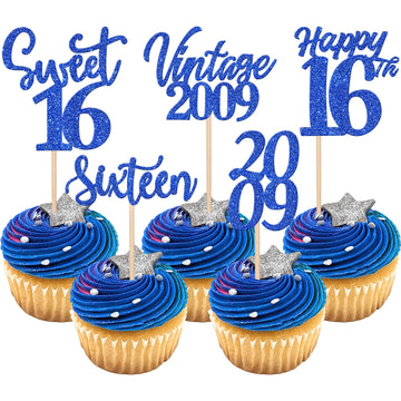 30PCS Happy 16th Birthday Cupcake Toppers Cheers to 16 Vintage 2009 Cupcake Picks Sweet 16 Sixteen 16th Birthday Decorations for