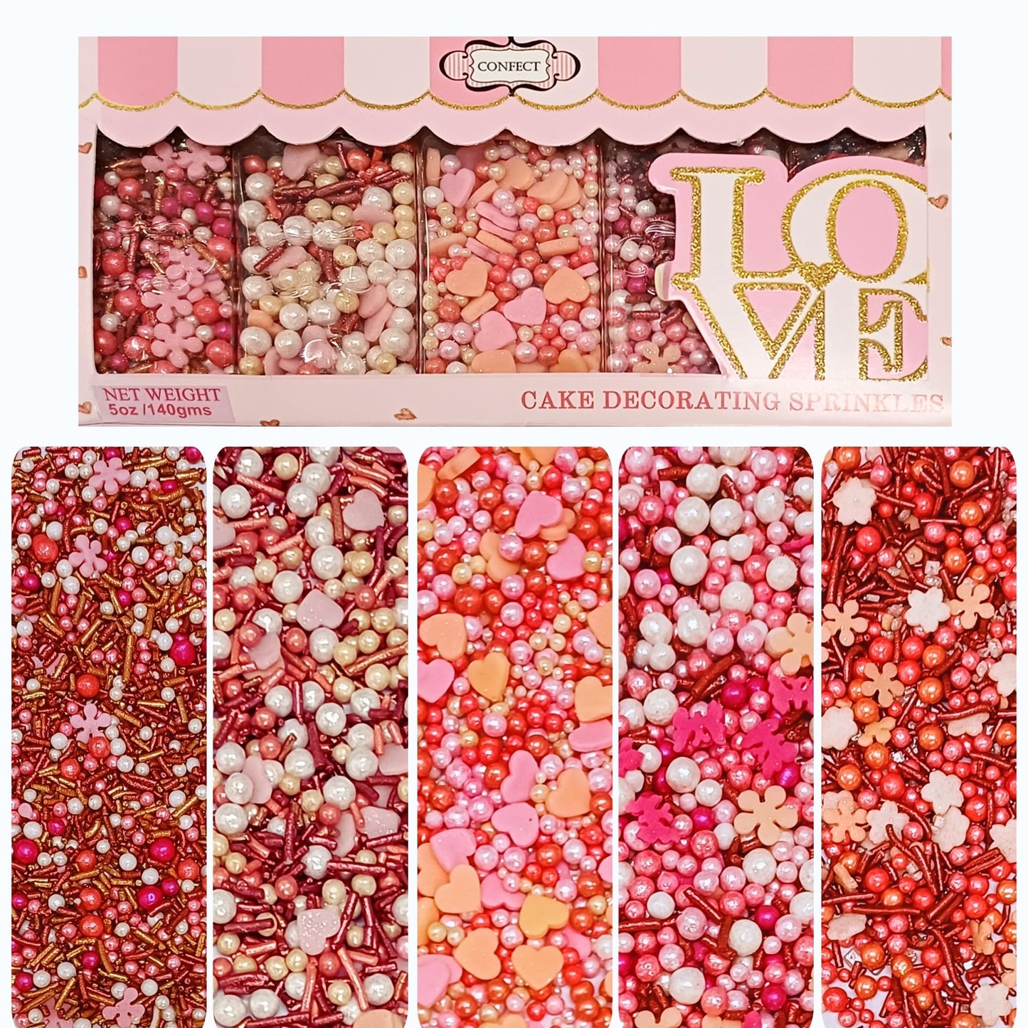 Confect Pink, White & Silver Pearl Heart Sprinkles Mix - Edible Cake, Cupcake & Cookie Decorations - Birthday & Celebration Baki