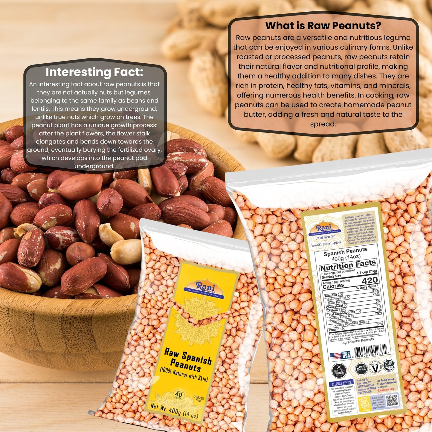 Rani Raw Spanish Peanuts 100% Natural With Skin (Uncooked, Unsalted) 14Oz (400G) ~ Vegan | Gluten Friendly | Fresh Product Of Us