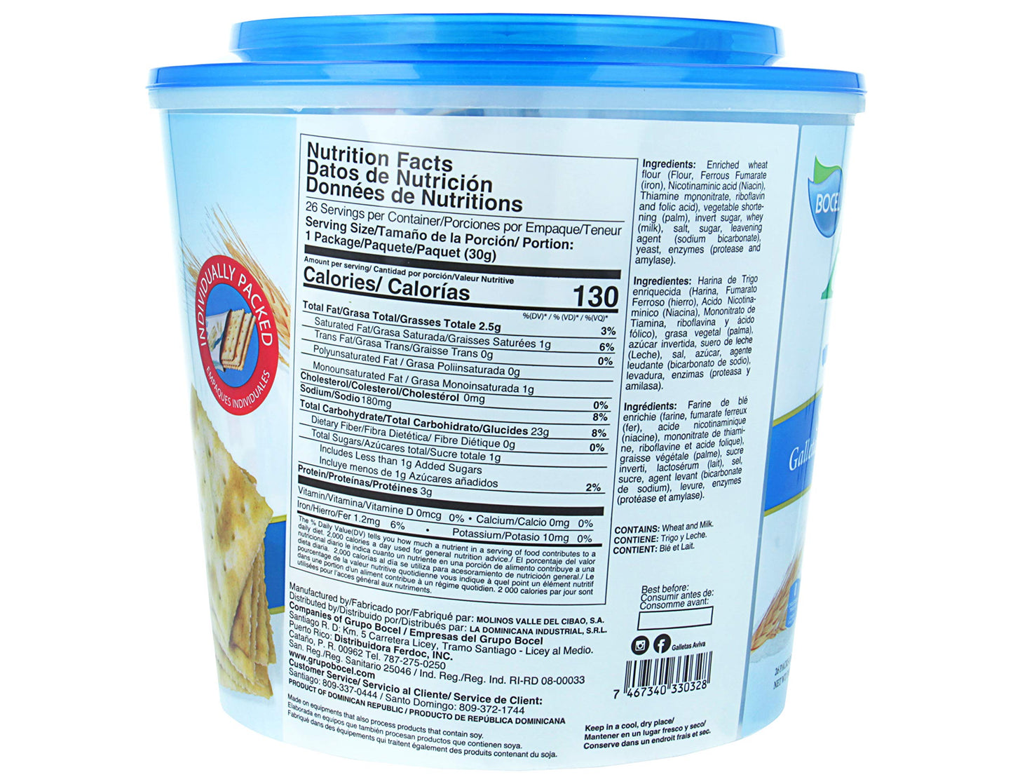 Aviva Original Individually Wrapped Soda Crackers, 27.5 oz, 1 bucket