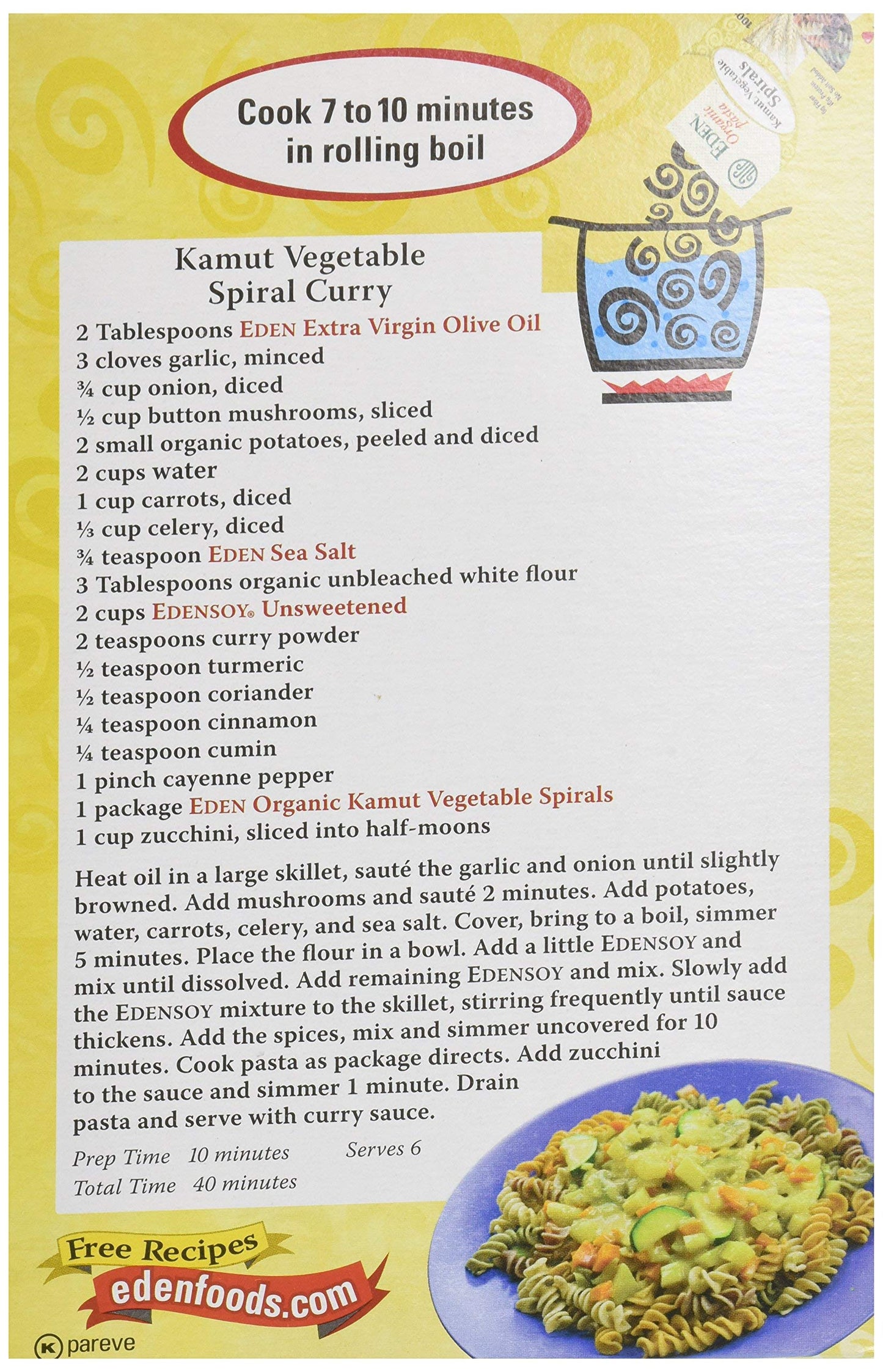Eden Organic Kamut Vegetable Spirals, 12 Oz, 100% Whole Grain, Non-Gmo,