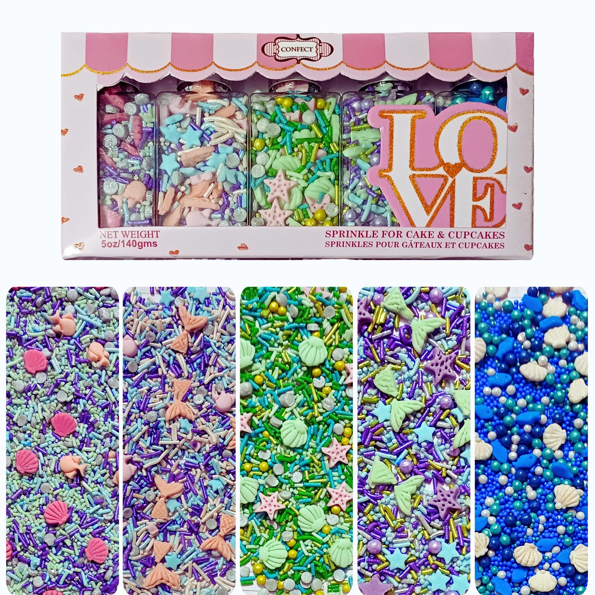DecoratingConfect Under the Sea Sprinkle Mix Set - Starfish, Shell & Fishes -5 Assorted Pastel Blends for Cake, Cupcake & Cookie