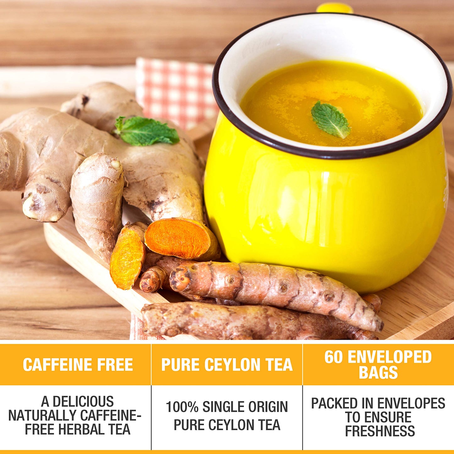Tipson Organic Turmeric Herbal Tea - Caffeine Free, Non-GMO, Gluten Free - 60 Foil Enveloped Double Chambered Bags