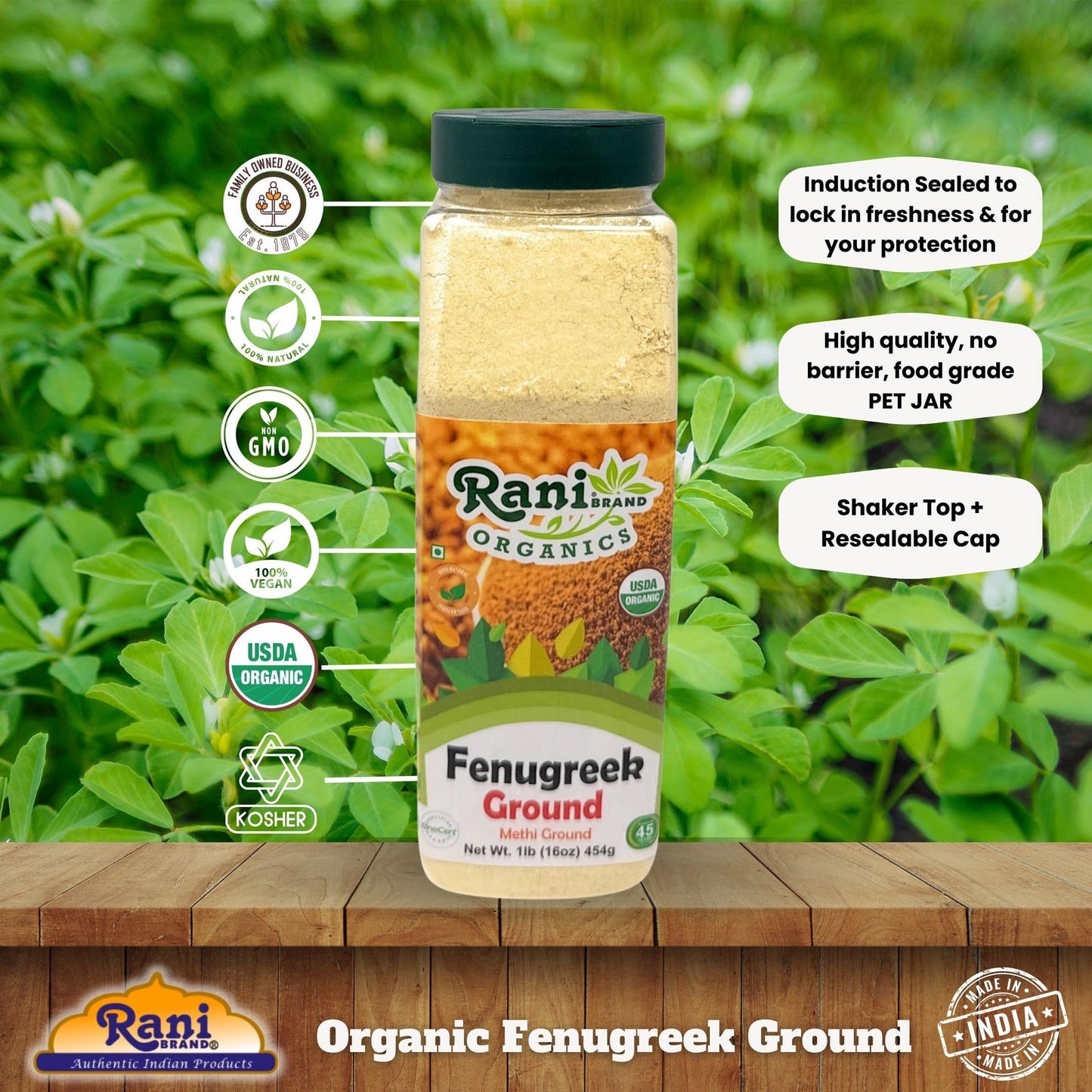 Rani Organic Fenugreek (Methi) Seeds Ground Powder 16Oz (1Lb) 454G Jar, Trigonella Foenum Graecum ~ All Natural | Vegan | Gluten