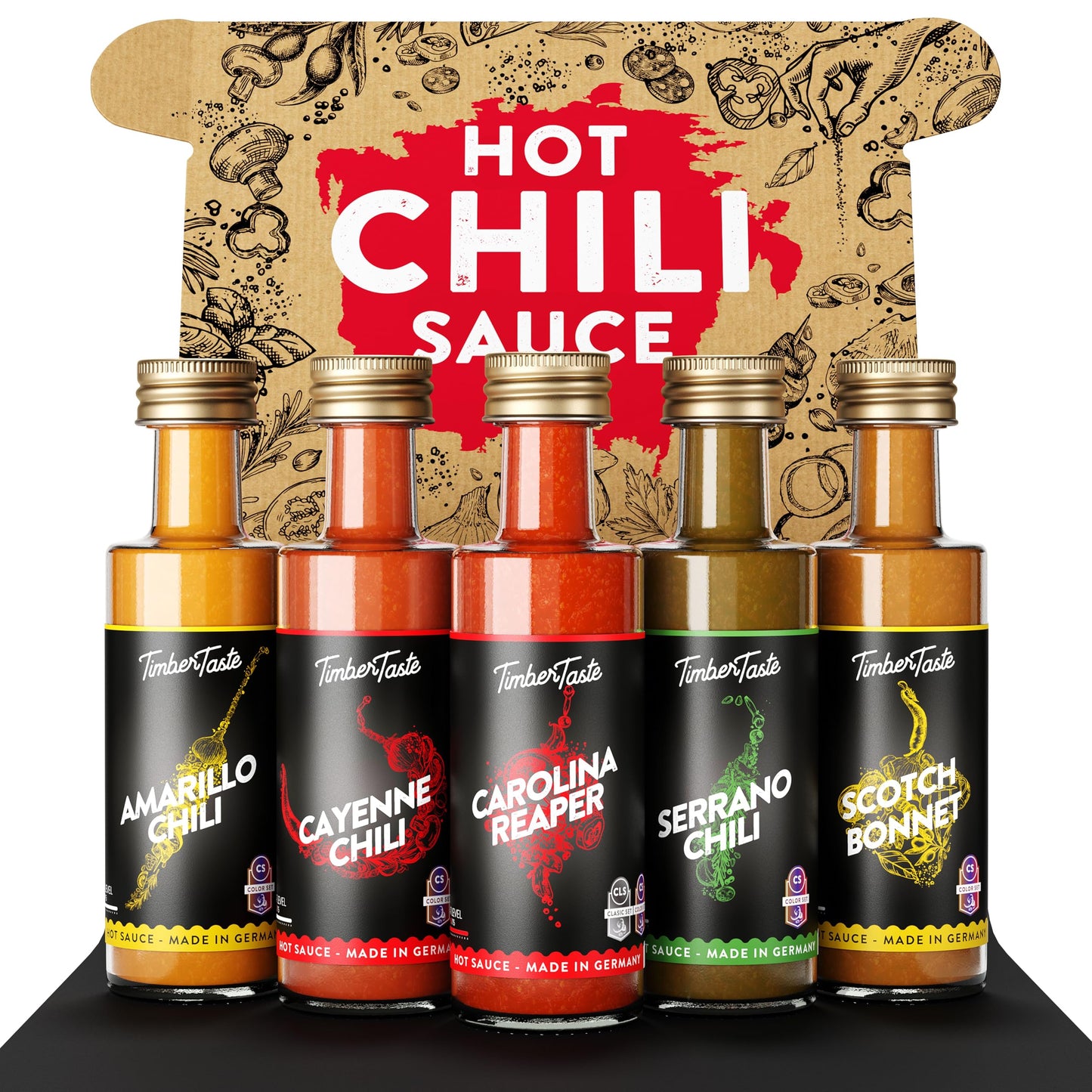 TIMBER TASTE Color Hot Sauce Gift Set [5x1.35 oz] Hot Sauce Variety Pack - Spicy Condiment Set for Heat Lovers in Mini Bottles -